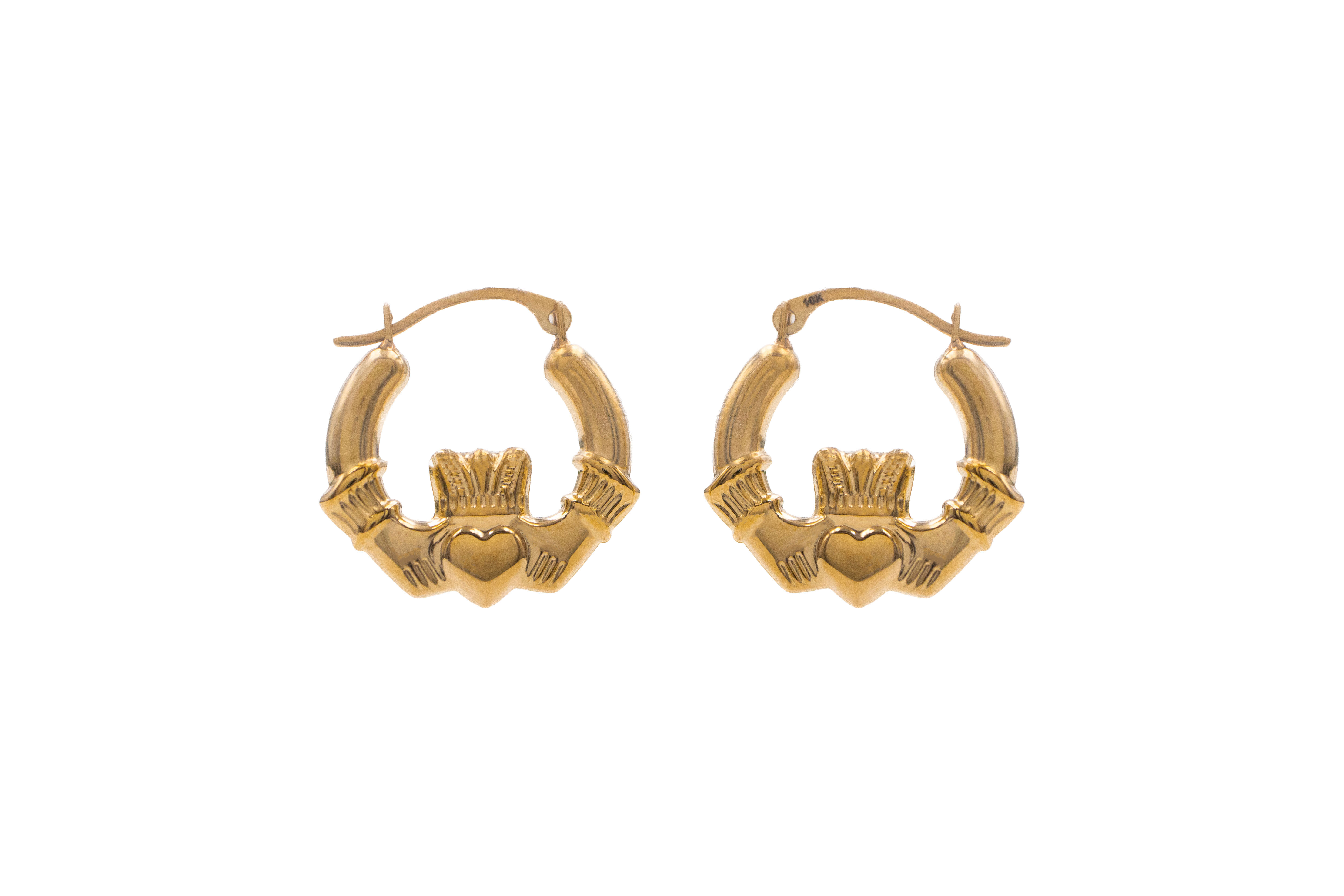 Small Womens Authentic Polished Yellow Gold Claddagh Earrings