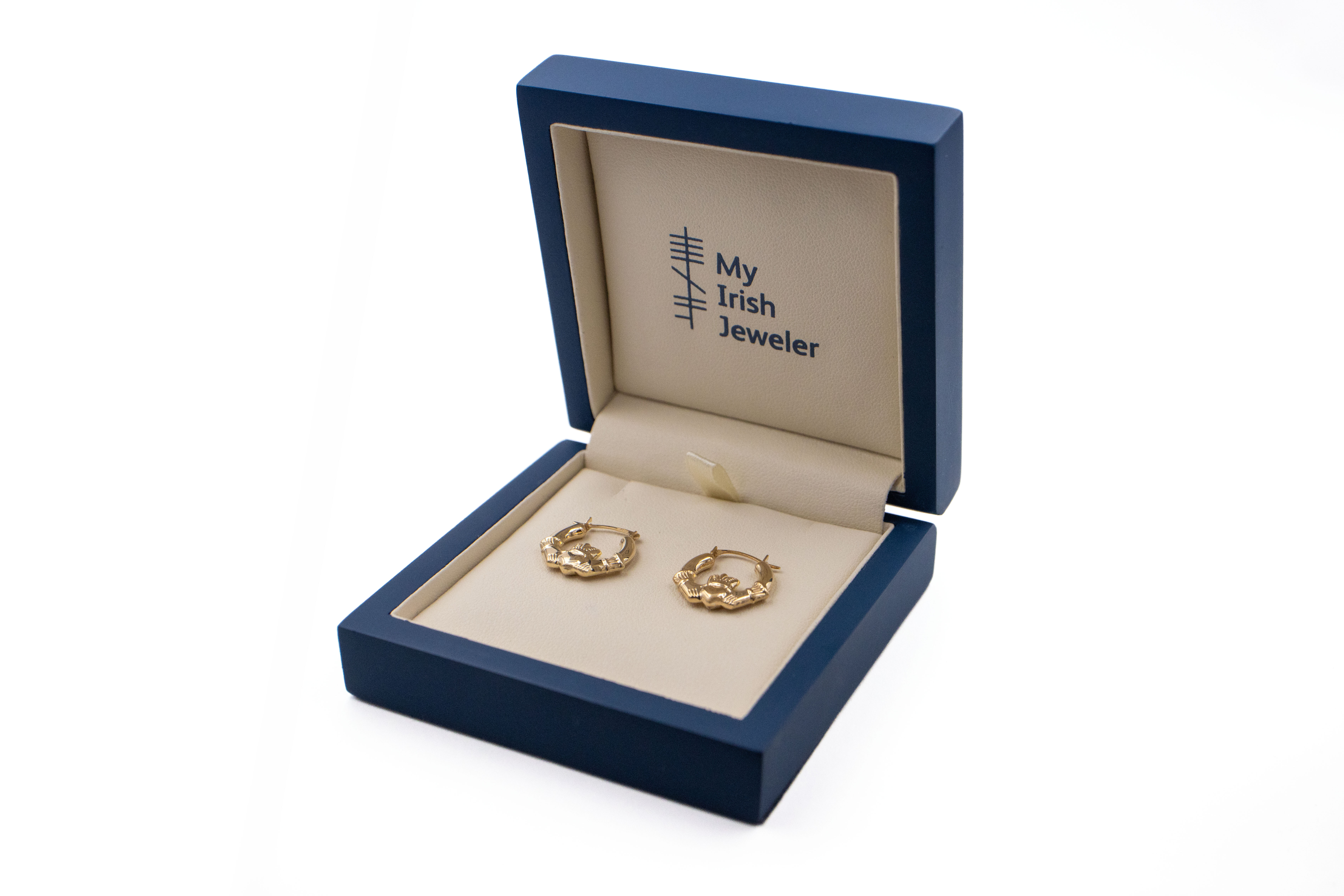 Small Striking 14K Yellow Gold Claddagh Earrings For Women With a Polished Finish. In Luxury Packaging.