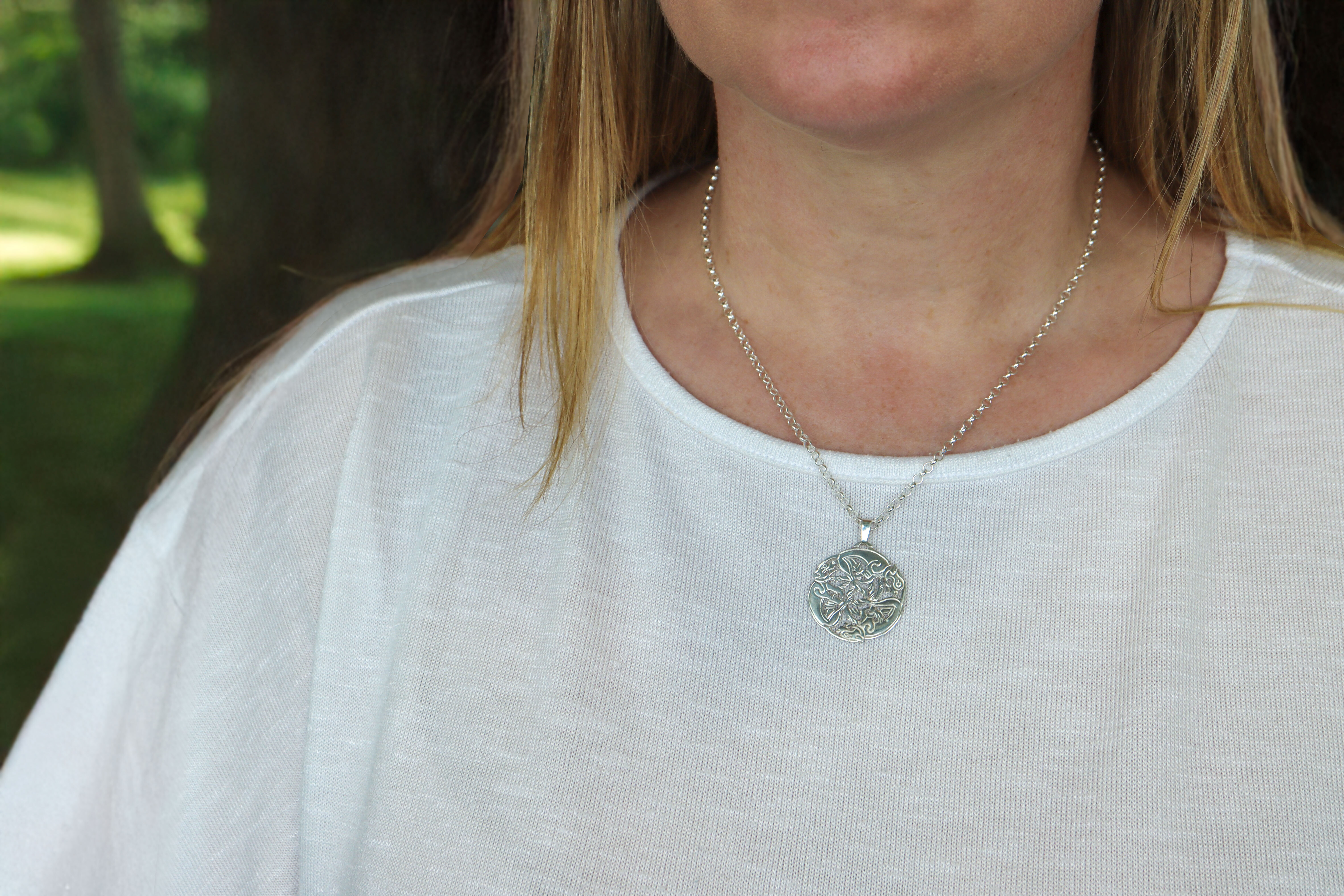 Womens Small Book of Kells Necklace in Real Sterling Silver - Model Photo