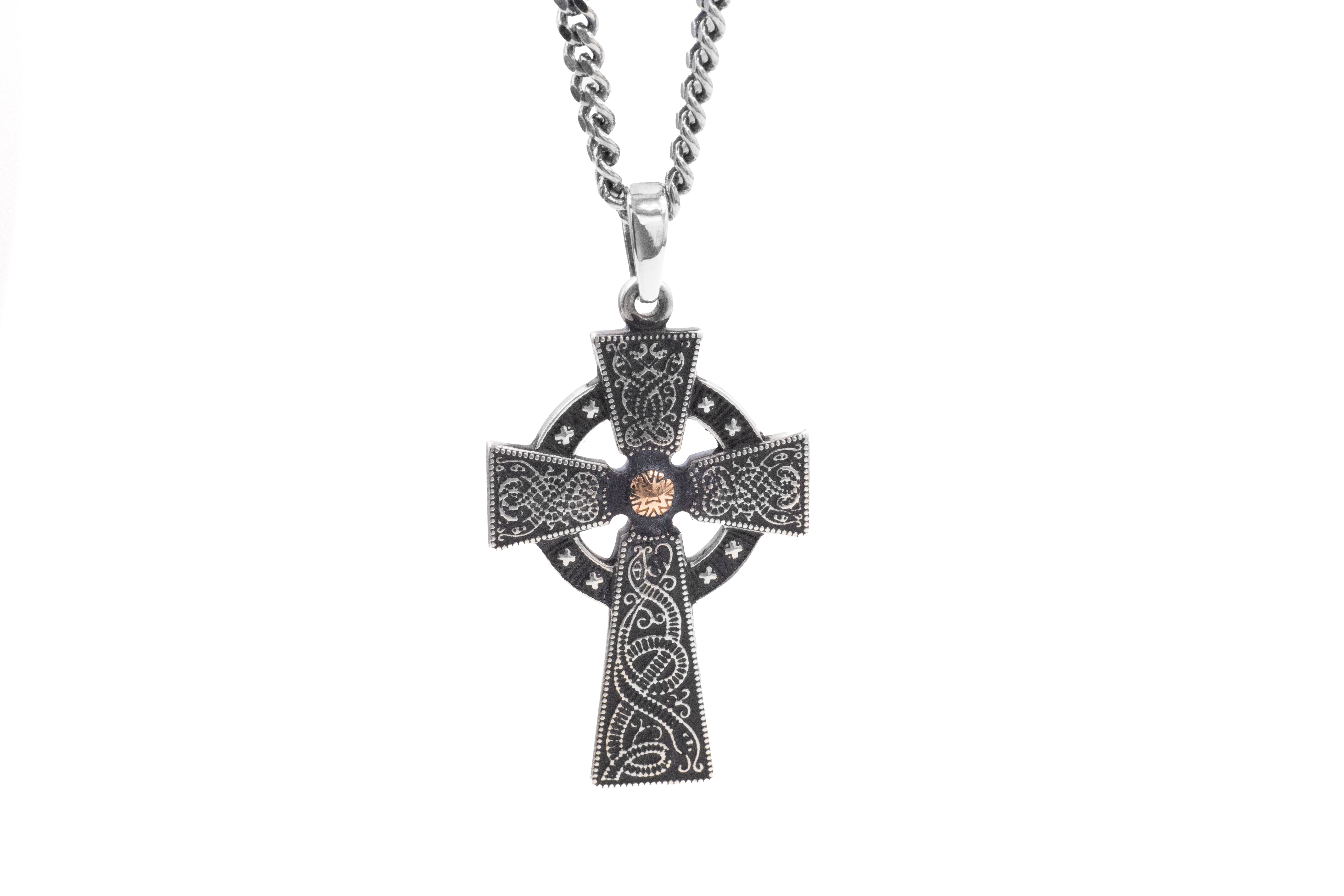 Small Womens Authentic Oxidised Sterling Silver & Rose Gold Celtic Cross Necklace