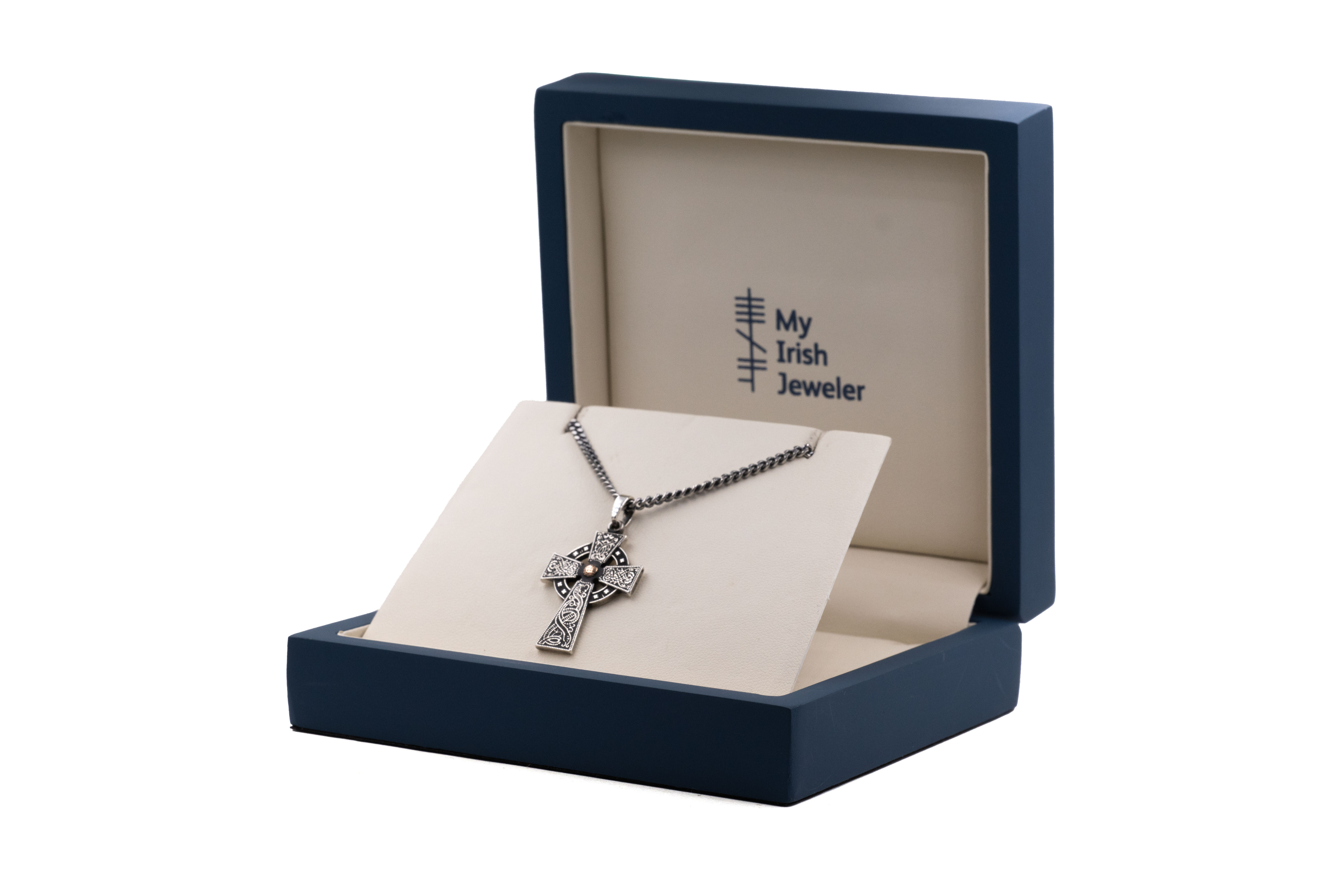 Small Womens Attractive Oxidised Sterling Silver & Rose Gold Celtic Cross & Celtic Warrior Necklace. In Luxury Packaging.