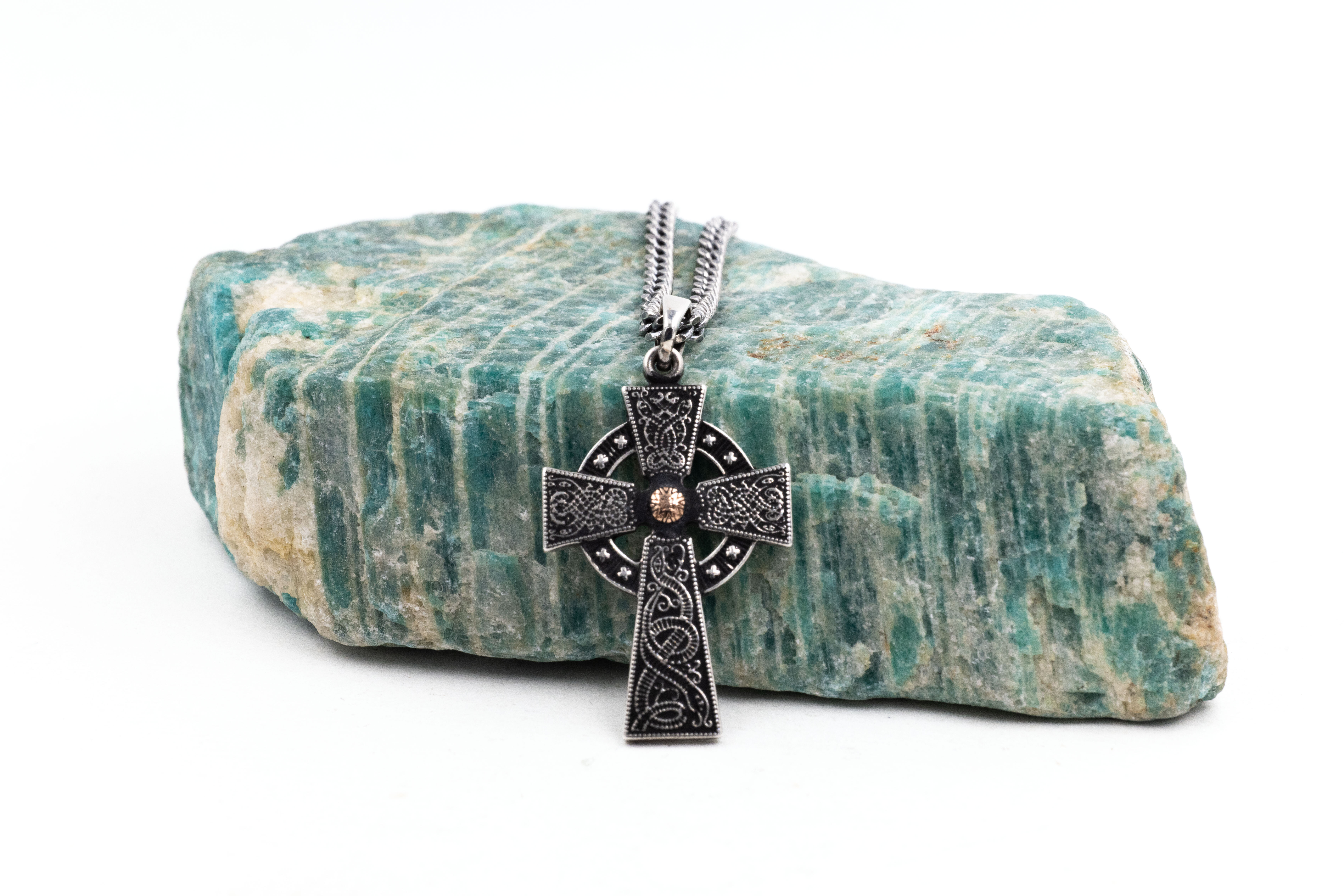 Small Womens Real Oxidised Sterling Silver & Rose Gold Celtic Cross & Celtic Warrior Necklace