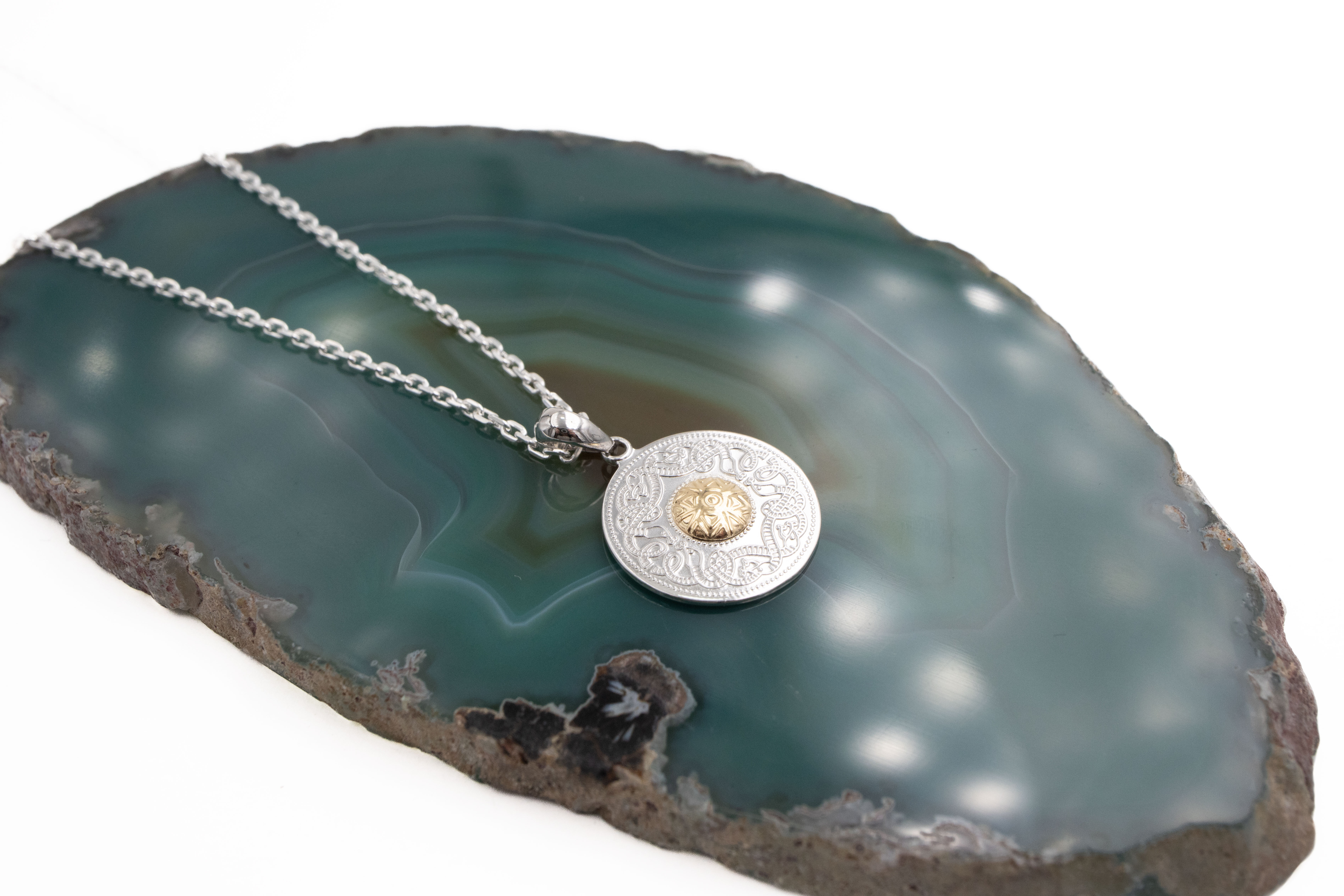 Womens Celtic Warrior & Celtic Knot & Medals and Medallions Necklace in Sterling Silver & 18K Yellow Gold. Pictured Flat.