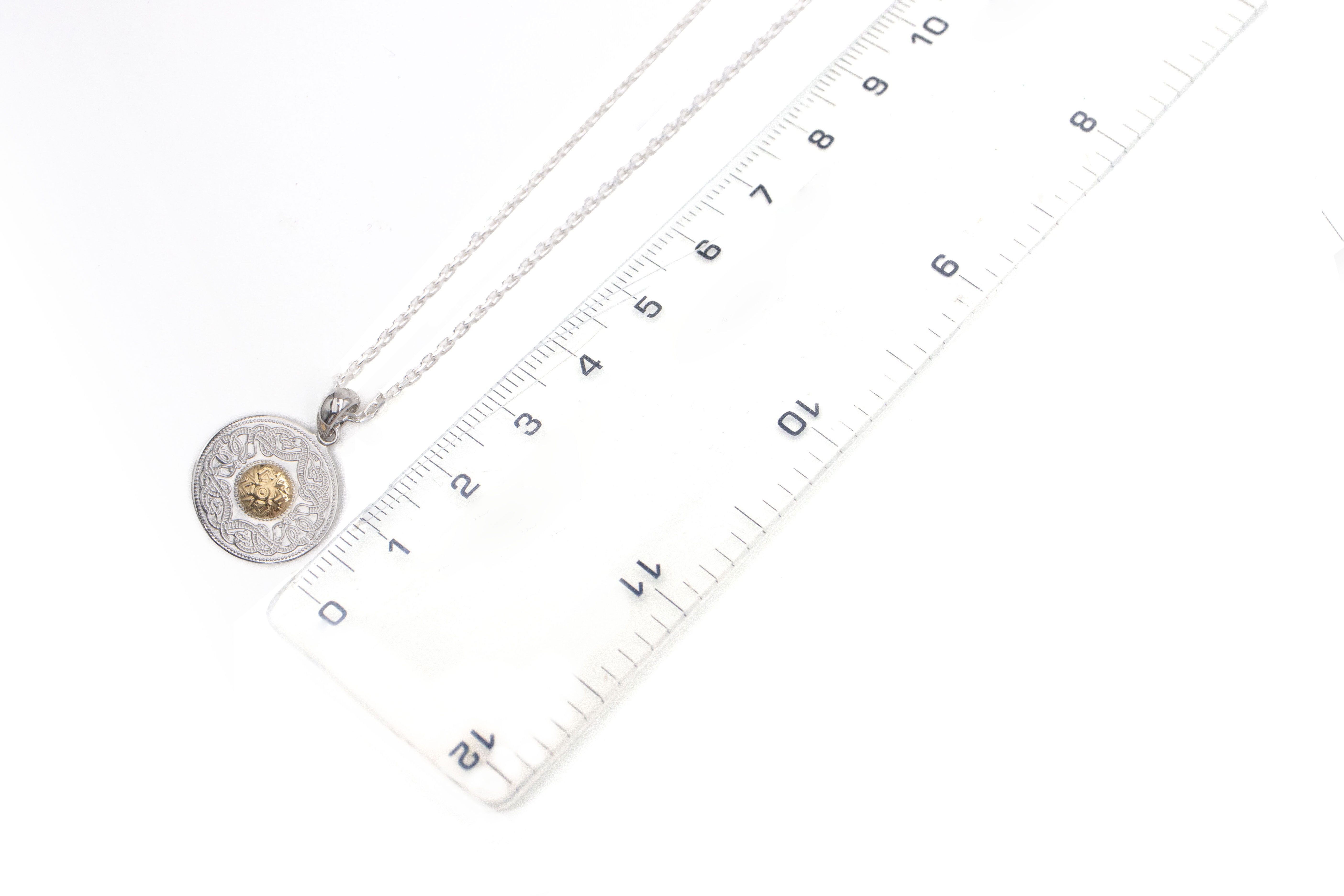 Womens Small Celtic Warrior & Celtic Knot & Medals and Medallions Necklace in Real Sterling Silver & 18K Yellow Gold. Picture For Scale.