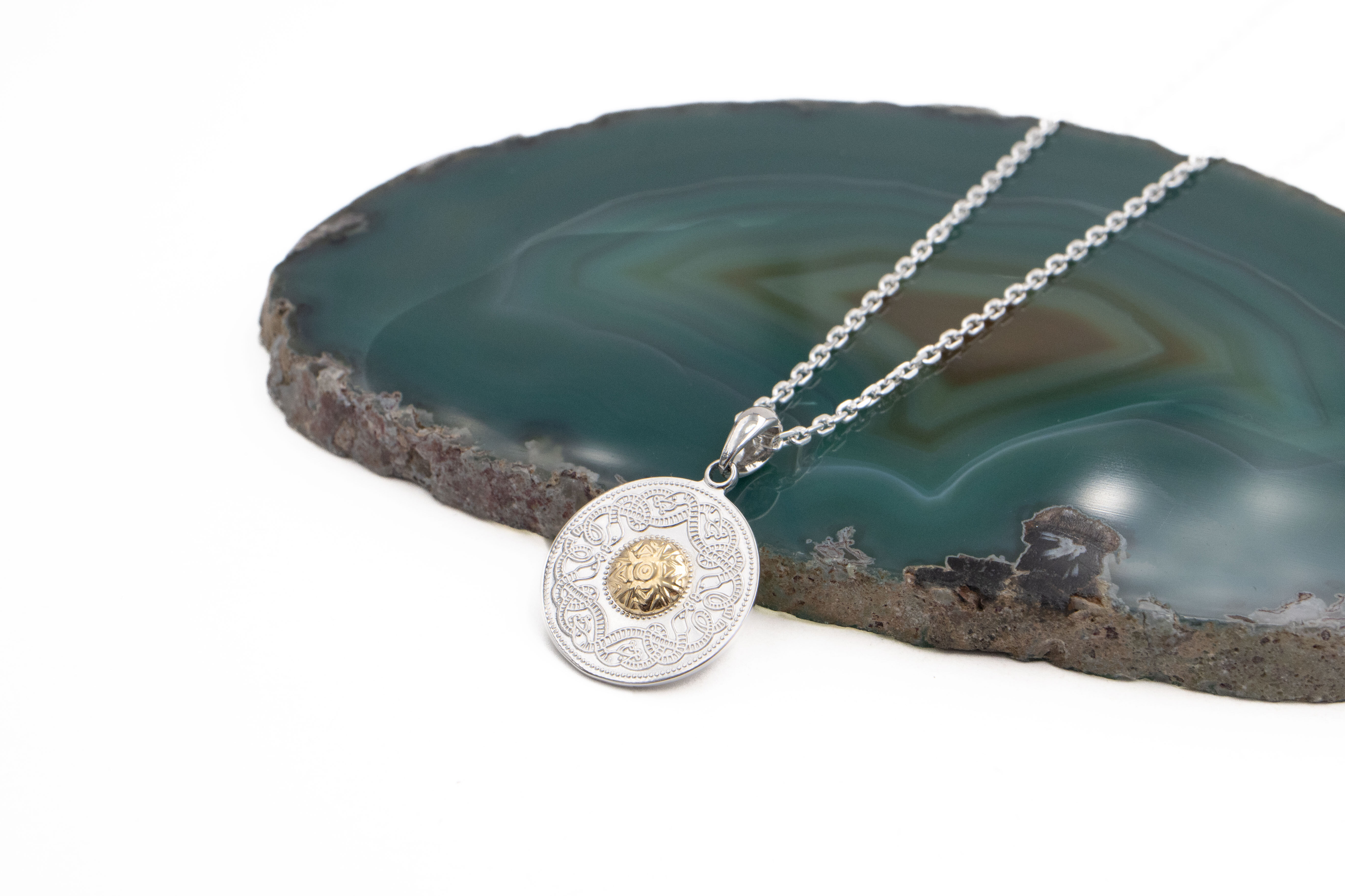 Womens Celtic Warrior & Celtic Knot & Medals and Medallions Necklace in Sterling Silver & 18K Yellow Gold. Side View.