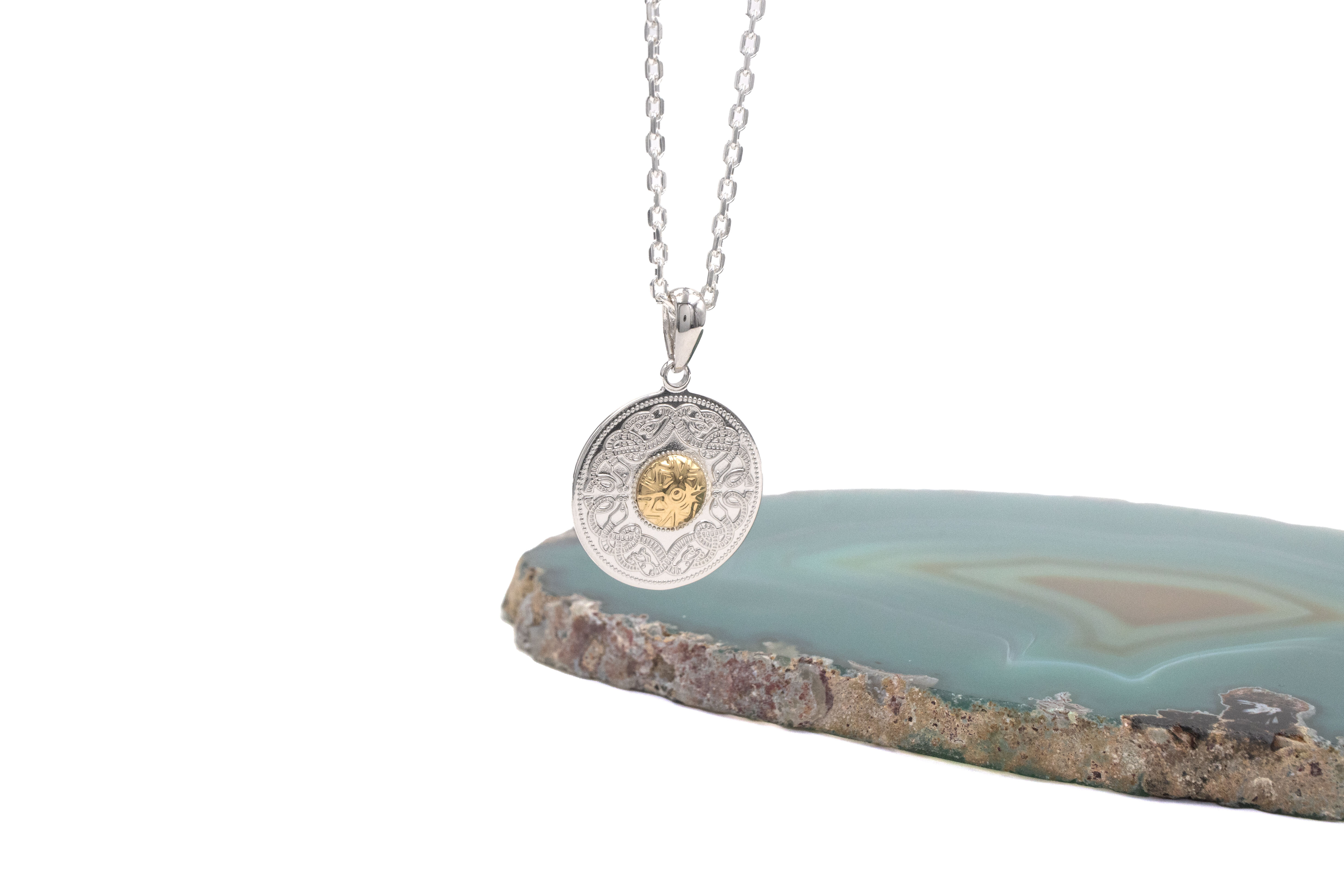 Small Irish Sterling Silver & 18K Yellow Gold Celtic Warrior Necklace For Women. Side View.