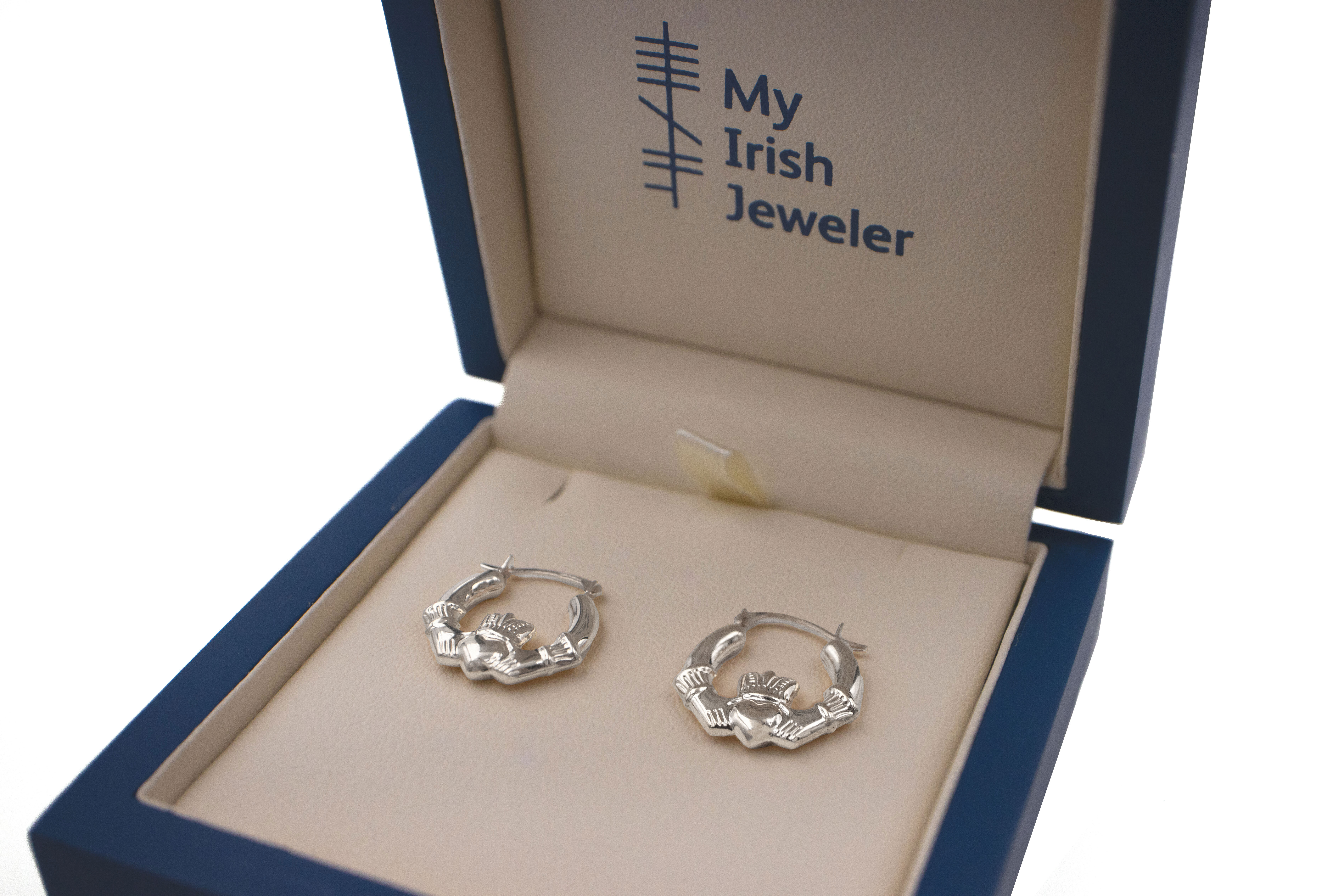 Womens Small Claddagh Earrings in Real Sterling Silver. In Luxury Packaging.