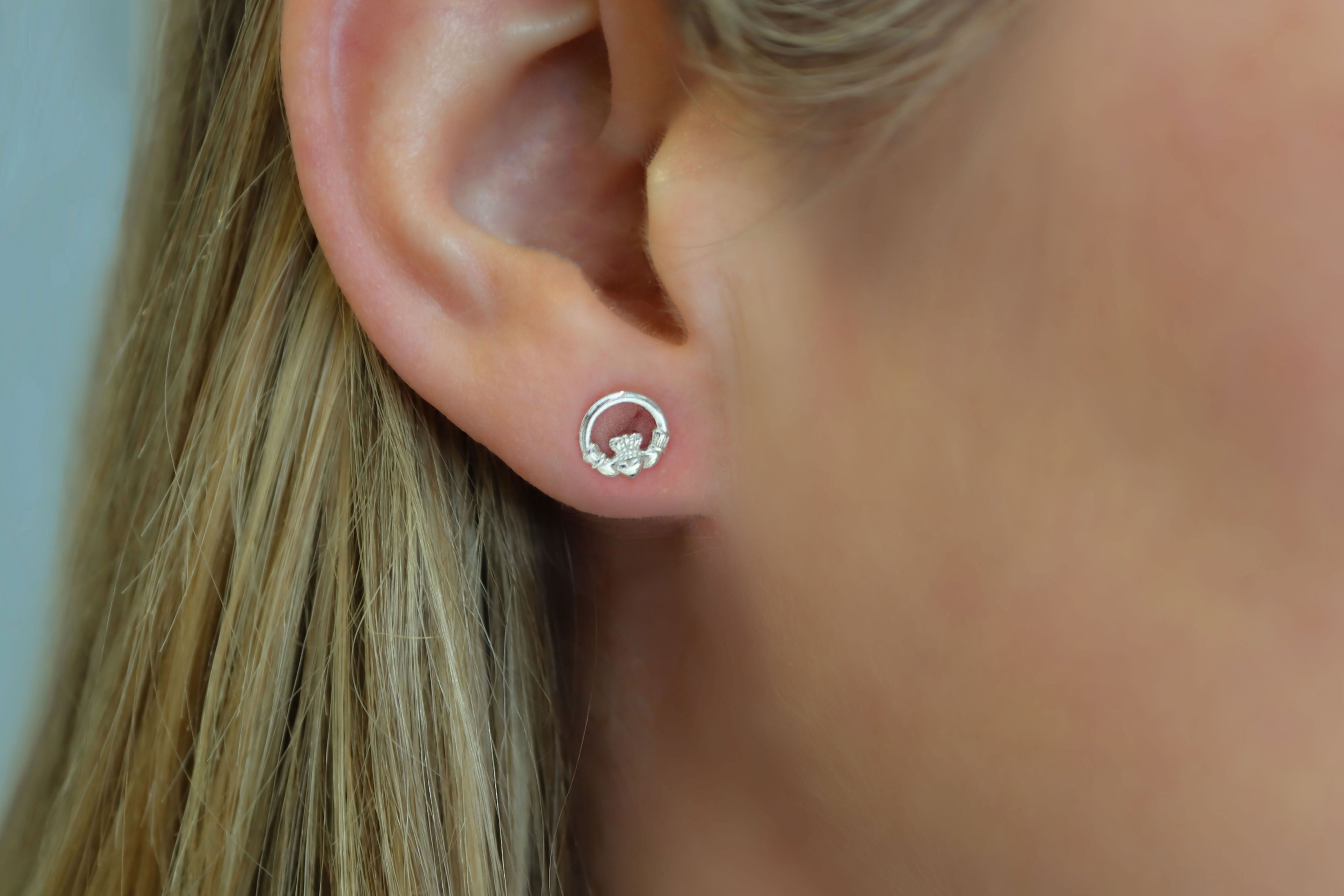 Small Sterling Silver Claddagh Stud Earrings Sku 1864 ladies model