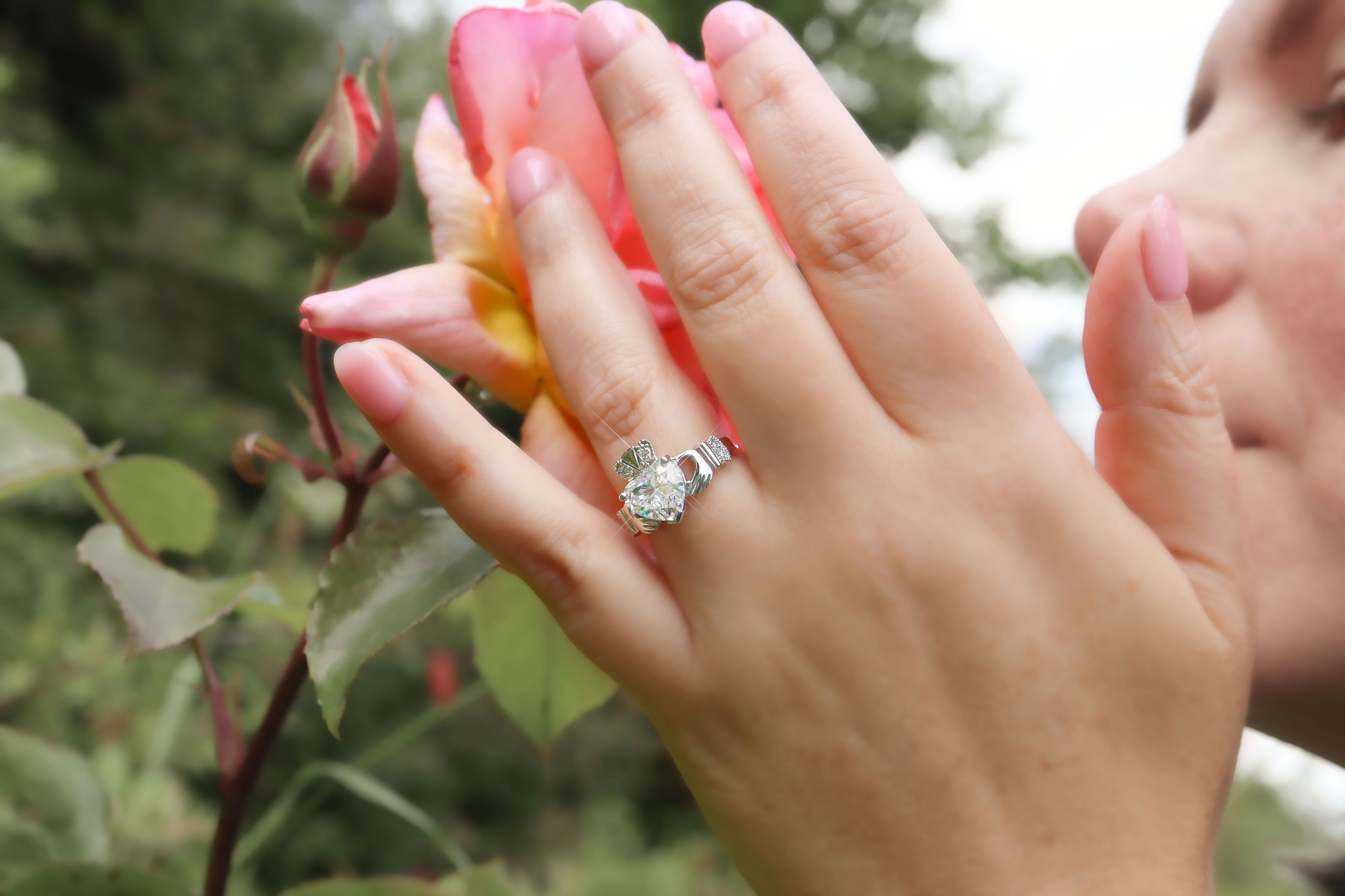 Womens Claddagh 3.00ct Lab Grown Diamond Engagement Ring in Real White Gold - Model Photo
