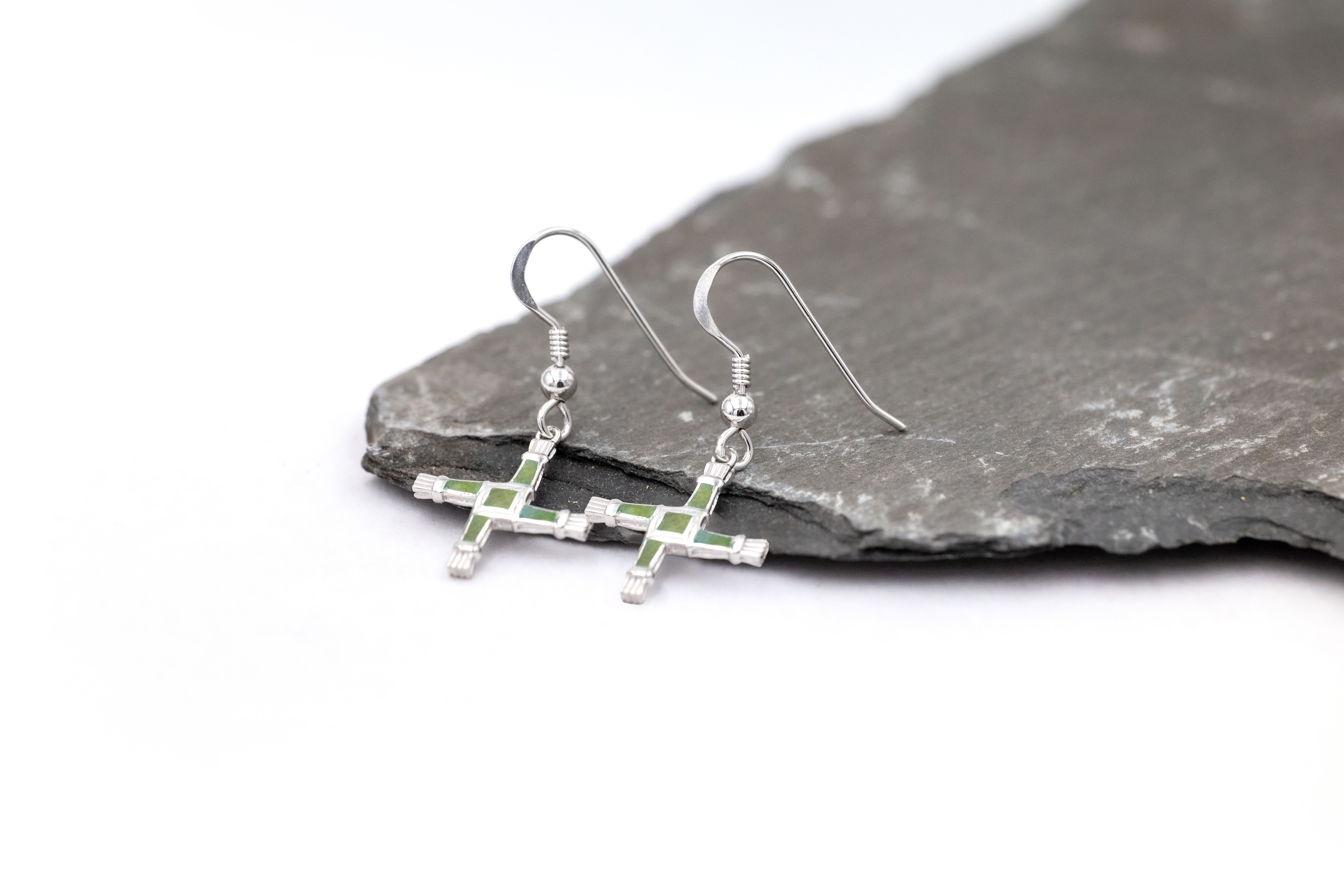 Womens St Brigids Cross & Connemara Marble Earrings in Sterling Silver With a Polished Finish