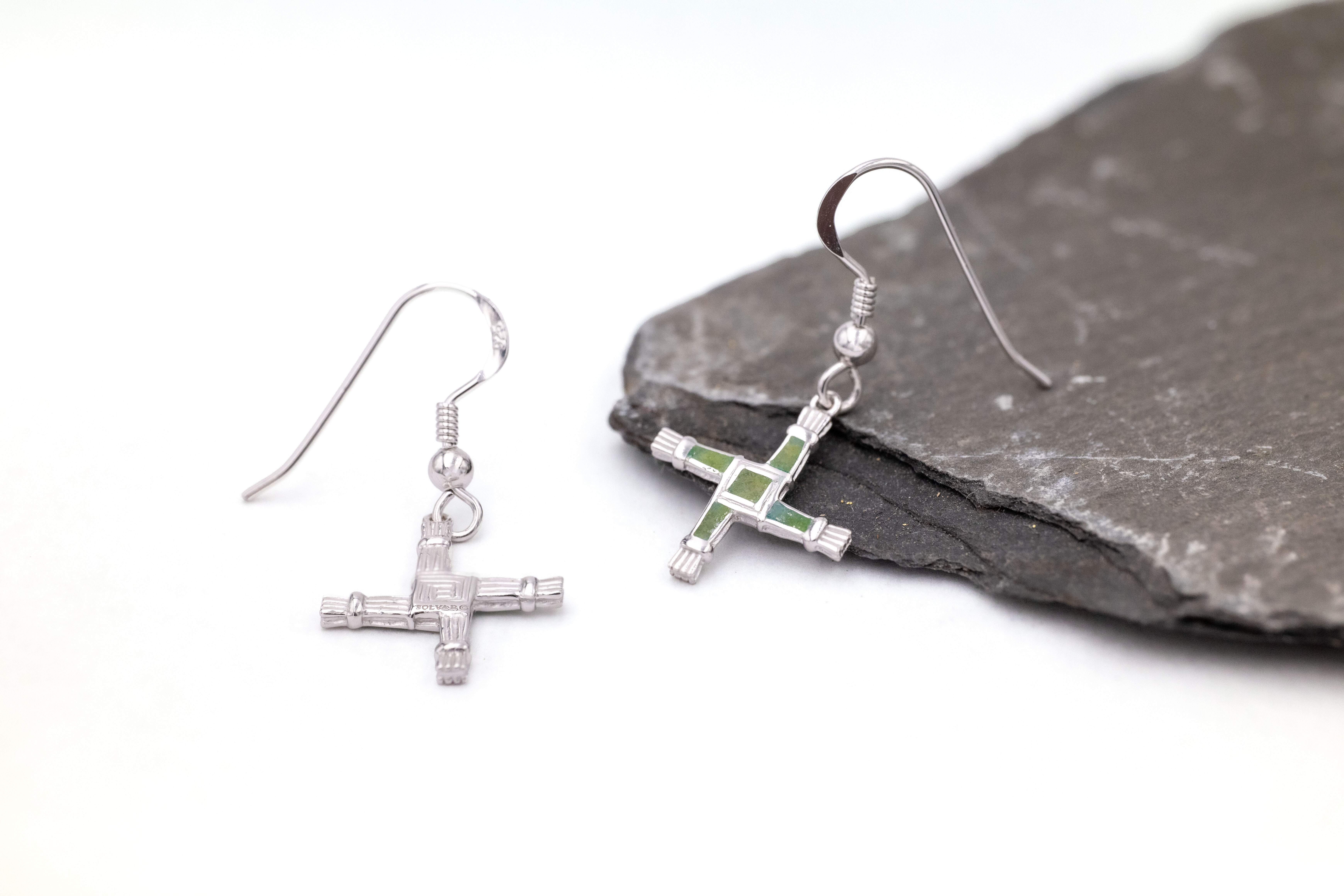 Authentic Sterling Silver St Brigids Cross & Connemara Marble Earrings For Women With a Polished Finish. Picture Of The Back.