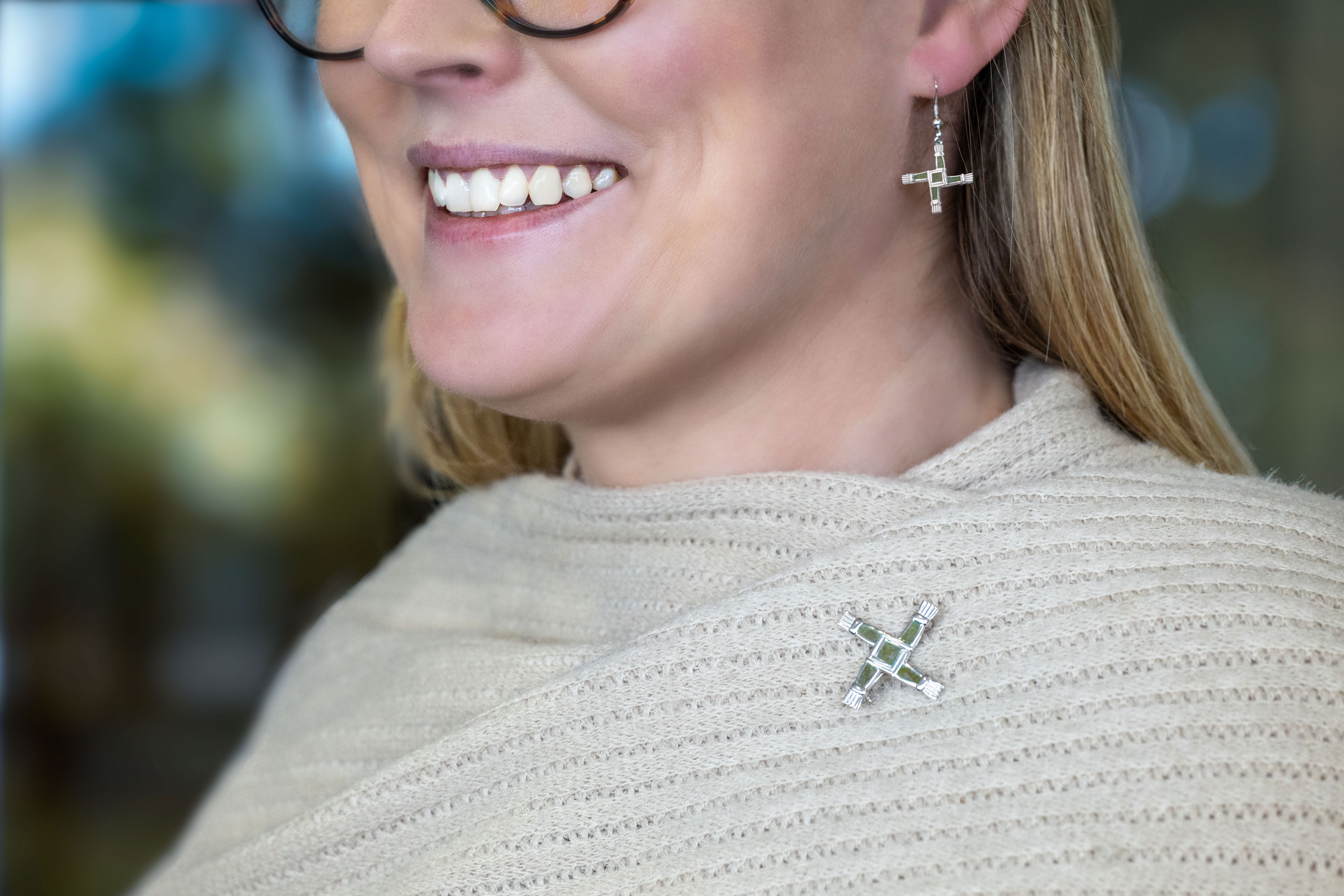 Irish Sterling Silver St Brigids Cross & Connemara Marble Gift Set With a Polished Finish For Women - Model Photo