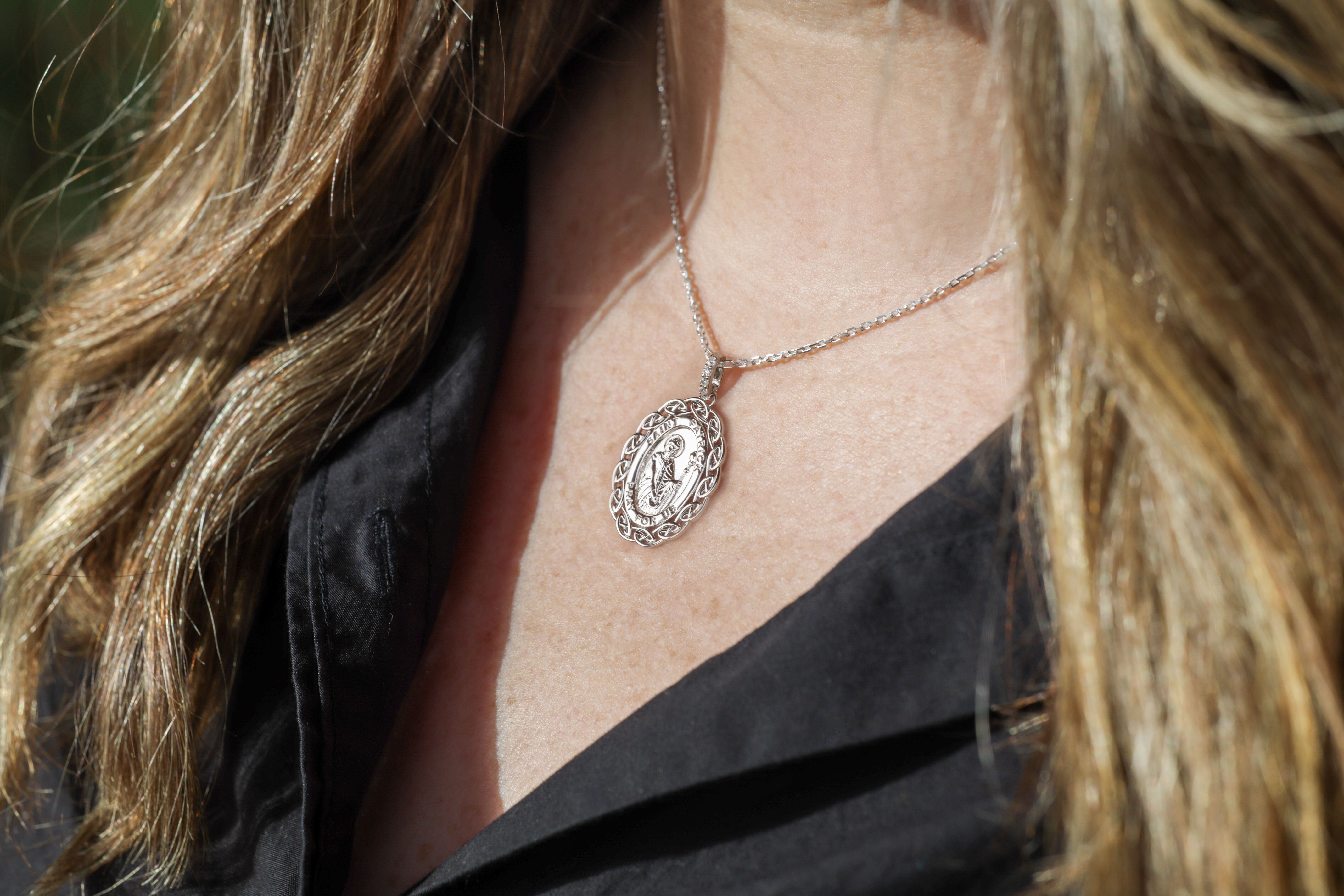Authentic Sterling Silver Medals and Medallions Necklace With a Polished Finish - Model Photo