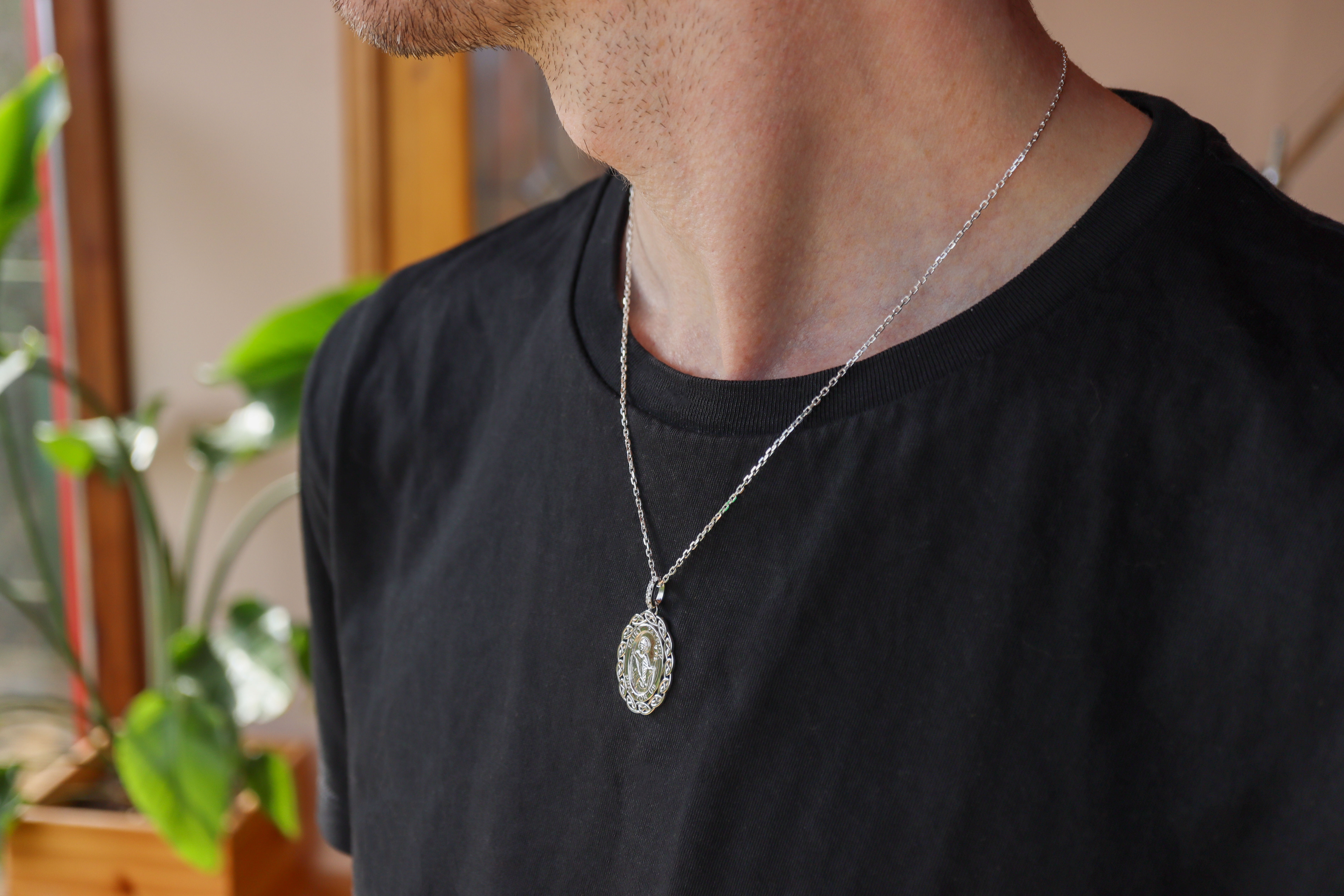 Irish Sterling Silver Medals and Medallions Necklace With a Polished Finish - Model Photo