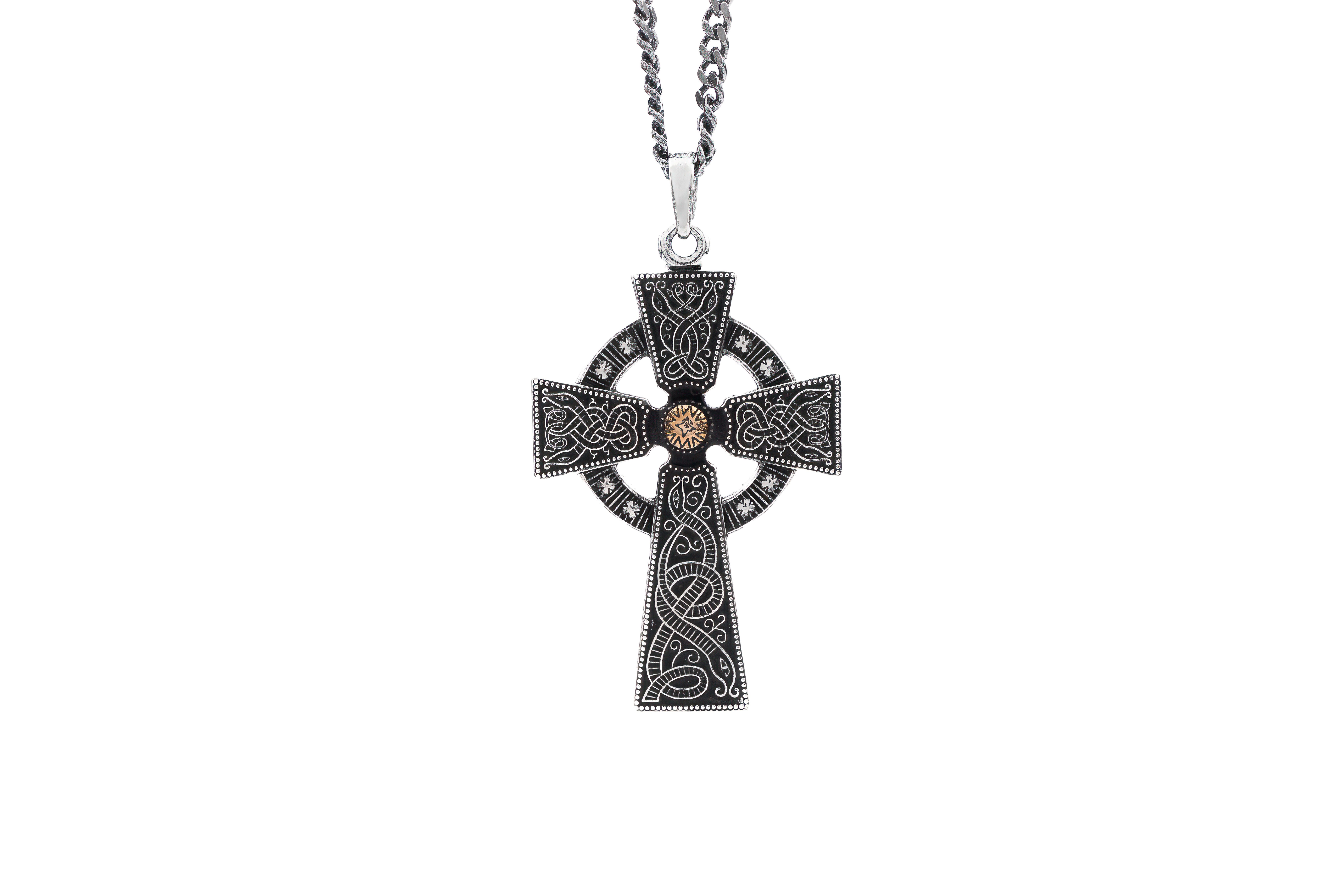 Irish Sterling Silver & Rose Gold Celtic Cross & Celtic Warrior Necklace With a Oxidized Finish