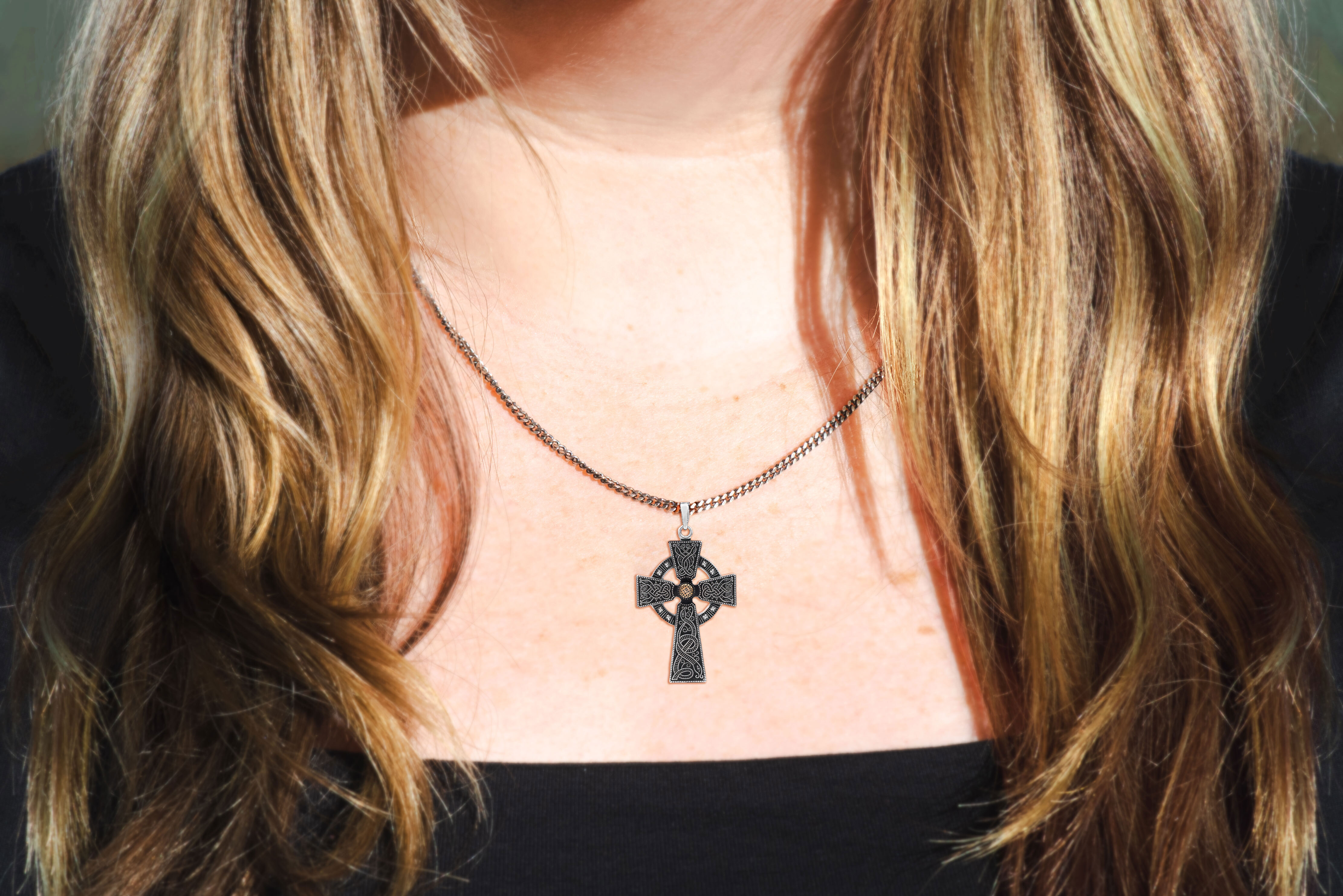 Gorgeous Sterling Silver & Rose Gold Celtic Cross Necklace With a Oxidized Finish - Model Photo