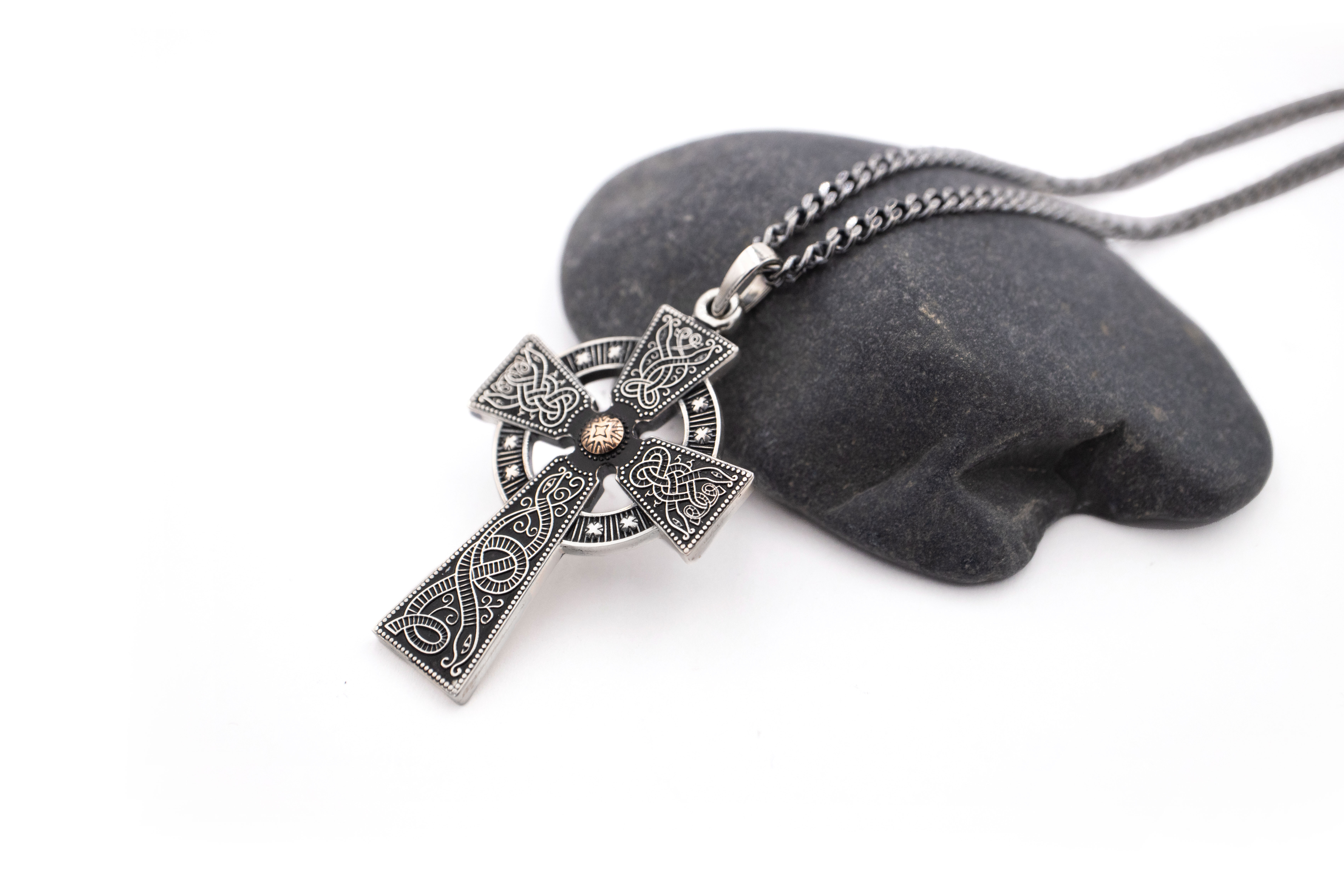 Oxidized Celtic Cross Necklace in Real Sterling Silver & Rose Gold