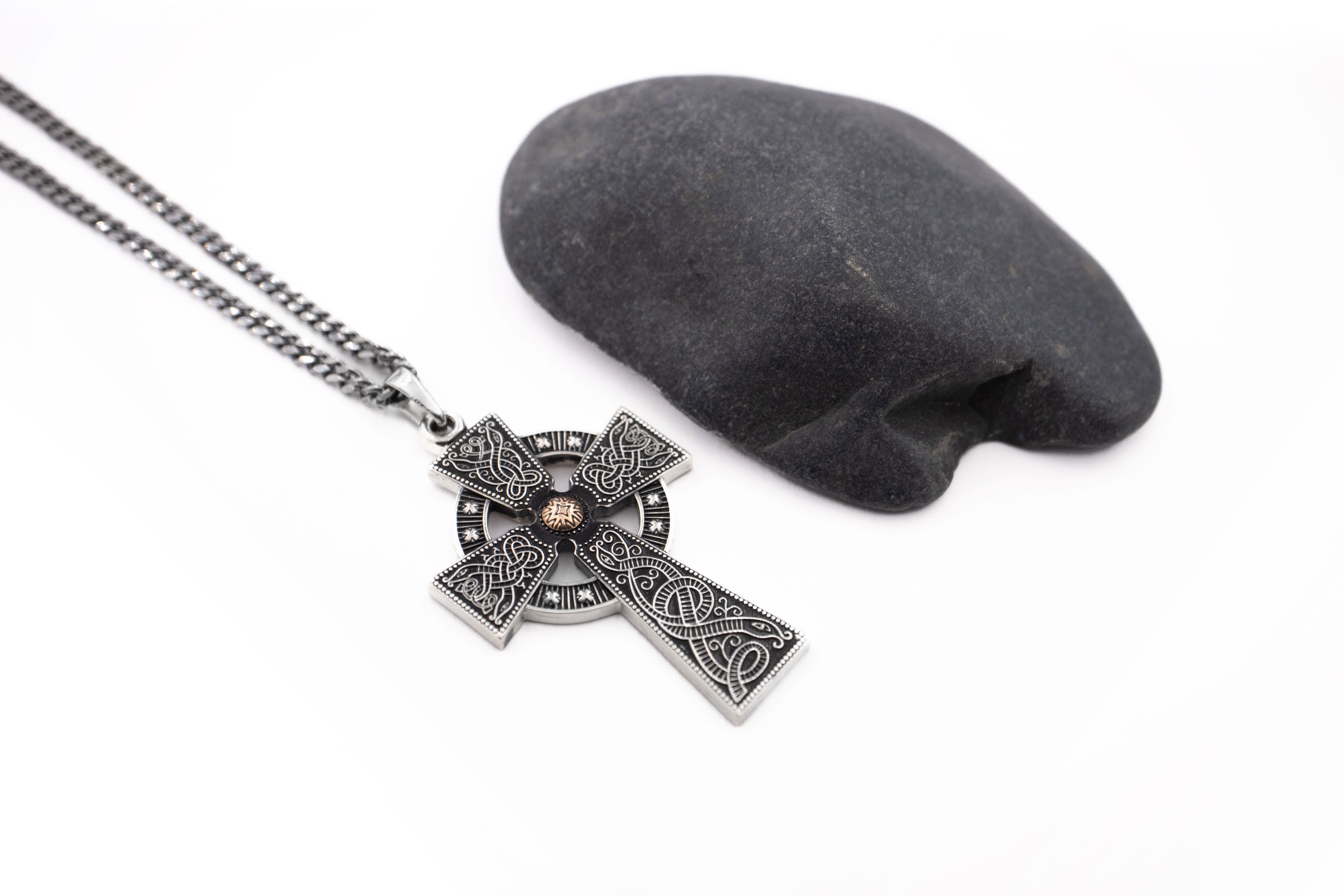 Genuine Sterling Silver & Rose Gold Celtic Cross & Celtic Warrior Necklace With a Oxidized Finish