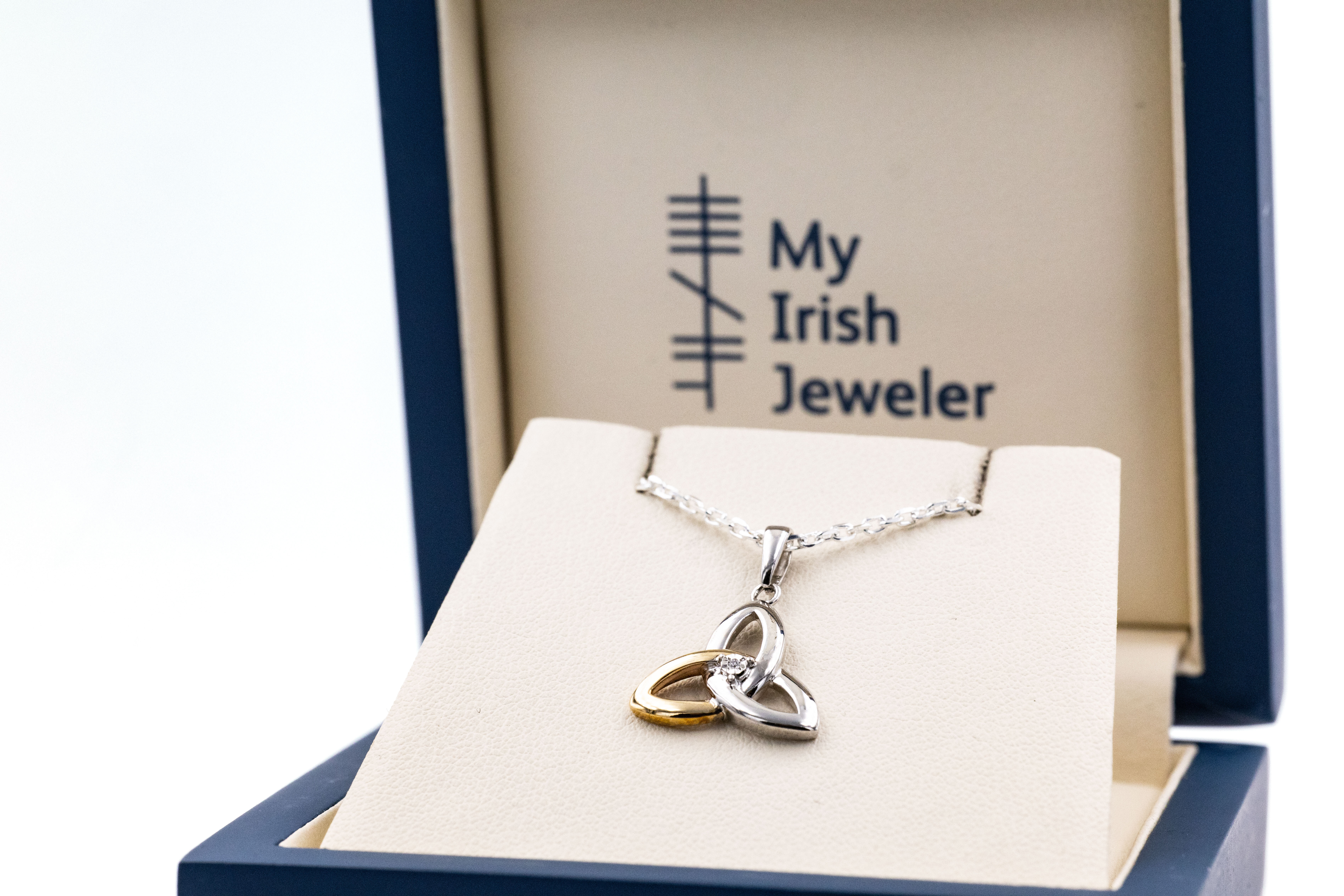 Womens Trinity Knot Necklace in Real Sterling Silver & Yellow Gold. In Luxury Packaging.