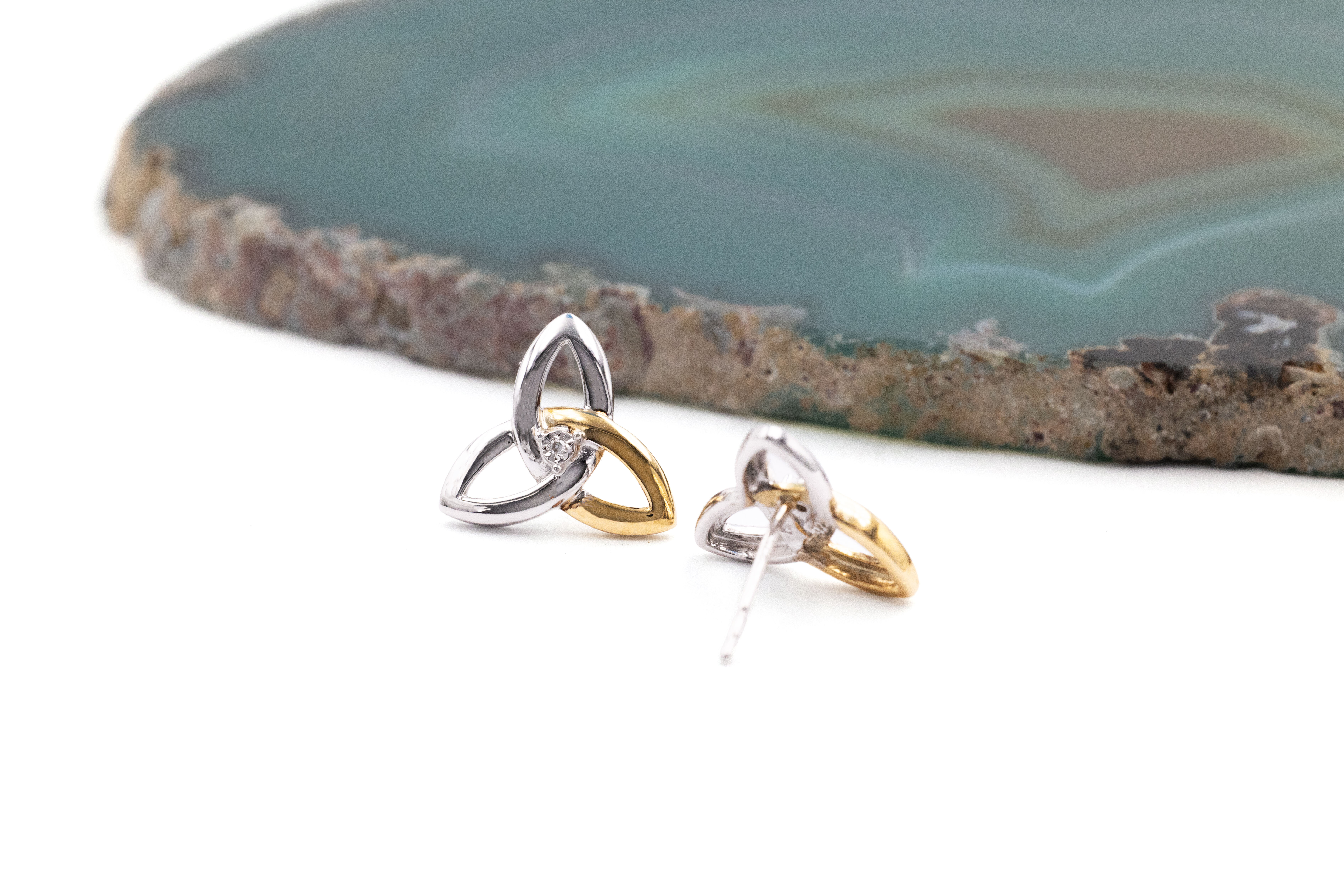 Womens Genuine Sterling Silver & 10K Yellow Gold Trinity Knot Earrings. Picture Of The Back.