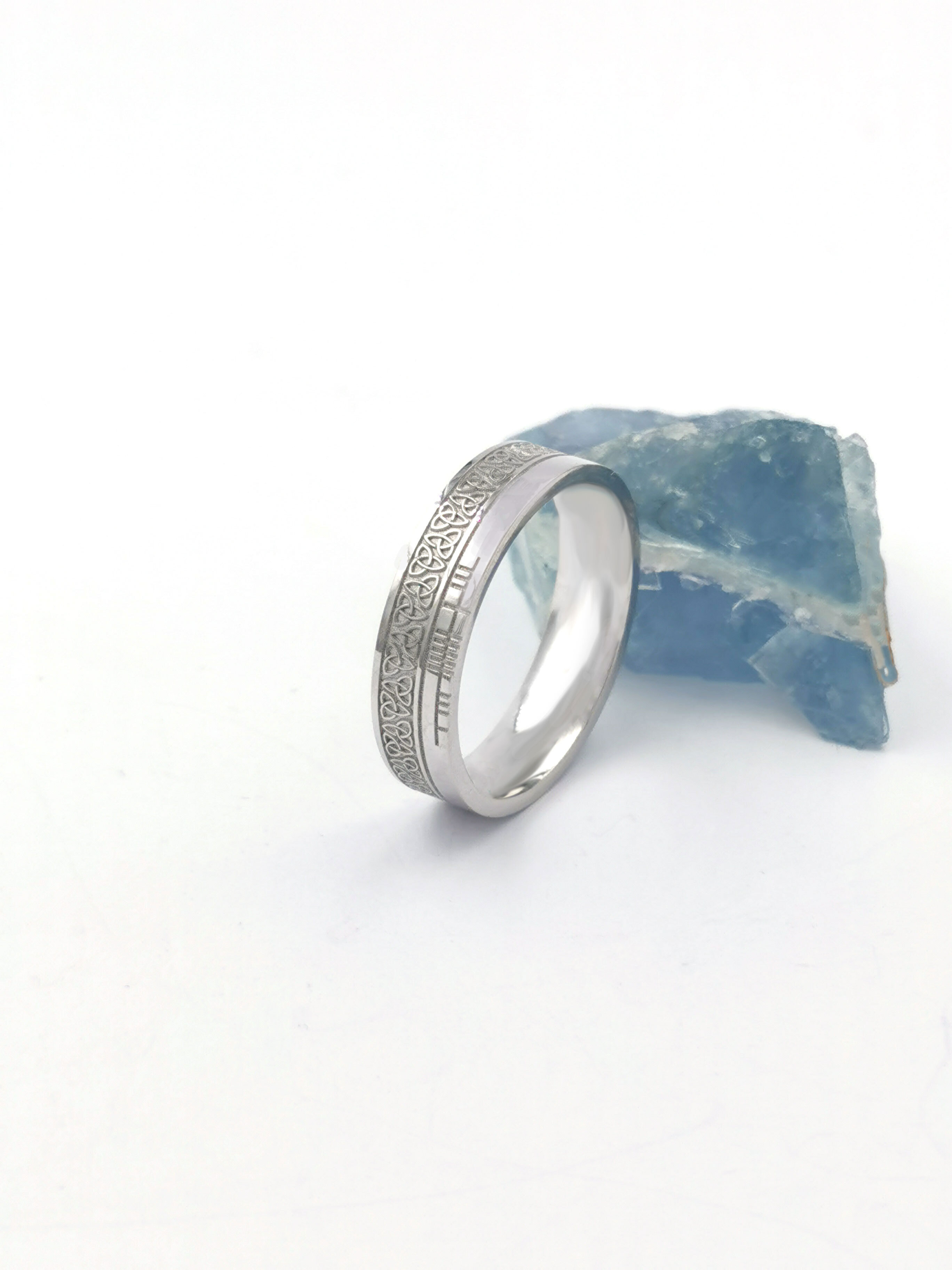 Authentic 10K White Gold Ogham & Trinity Knot 7.3mm Ring With a Florentine Finish