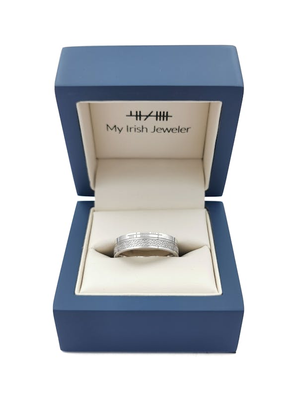 Striking Platinum 950 Ogham 7.3mm Ring With a Florentine Finish. In Luxury Packaging.