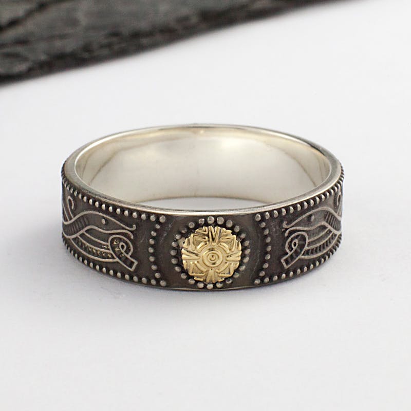 Sterling Silver Oxidized Warrior Shield Ring With 18K Bead