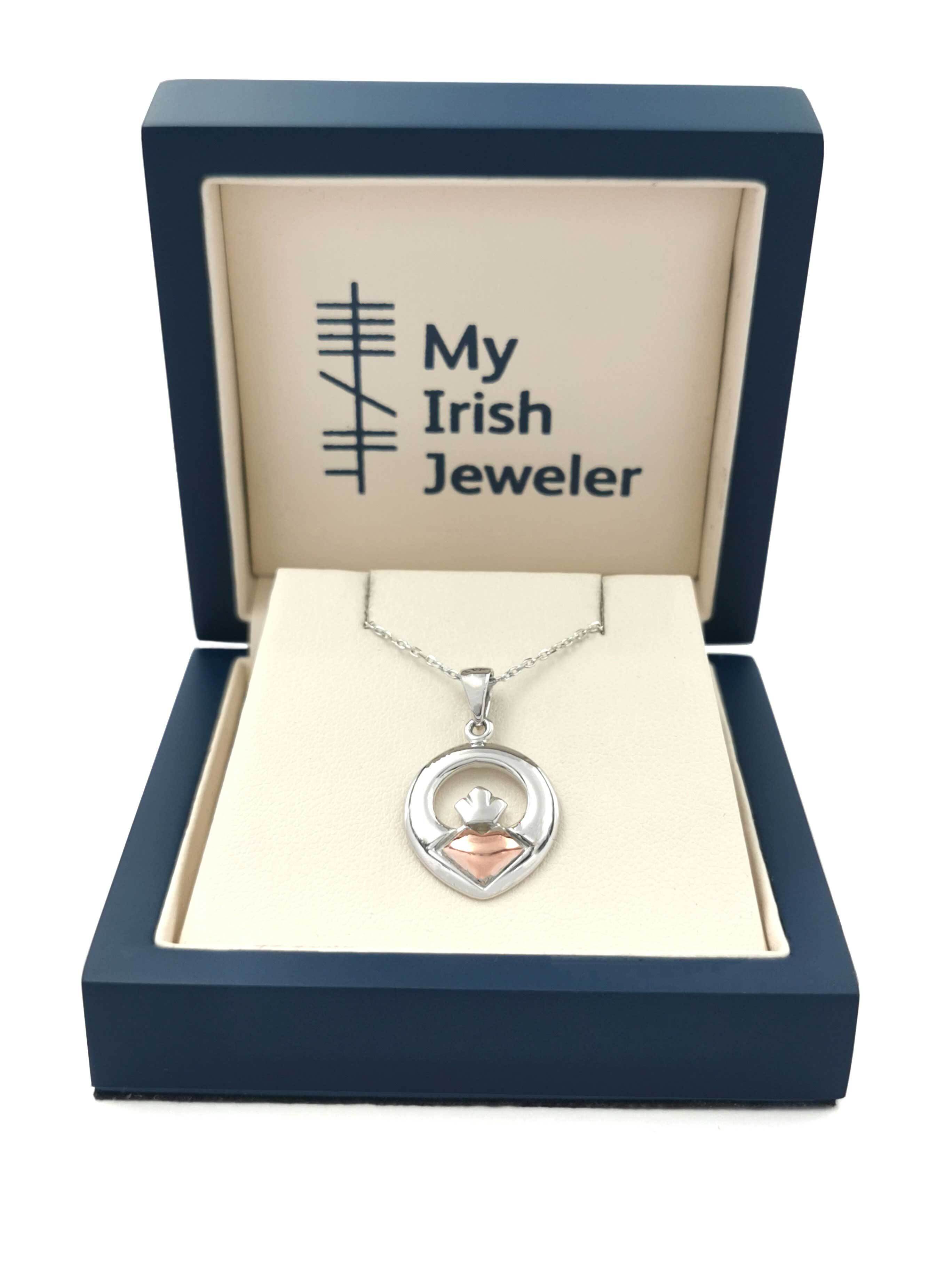Irish Sterling Silver & Rose Gold Claddagh & Irish Gold Necklace For Women