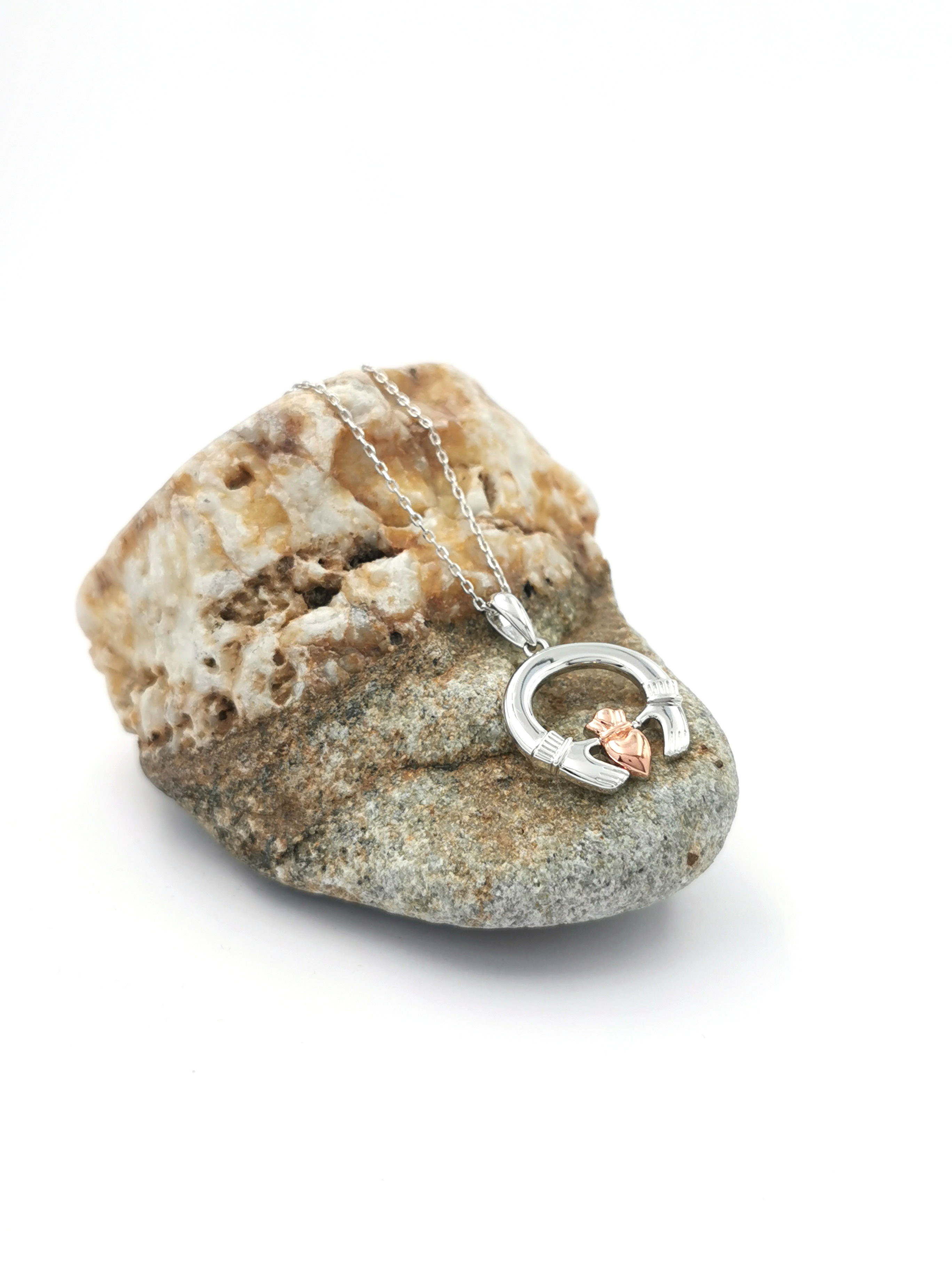 Womens Traditional Sterling Silver & Rose Gold Claddagh Necklace