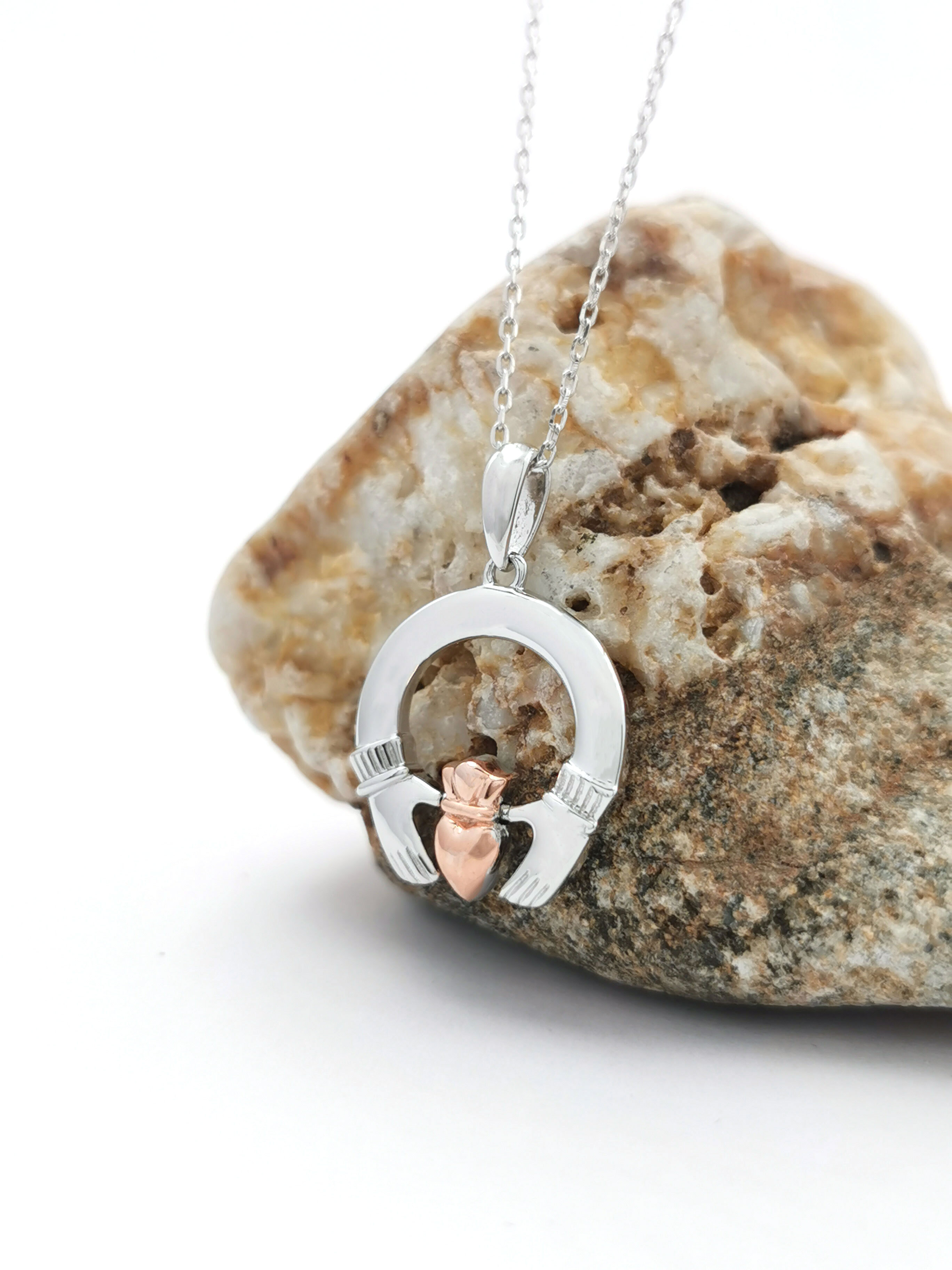 Irish Sterling Silver & Rose Gold Claddagh & Irish Gold Necklace For Women