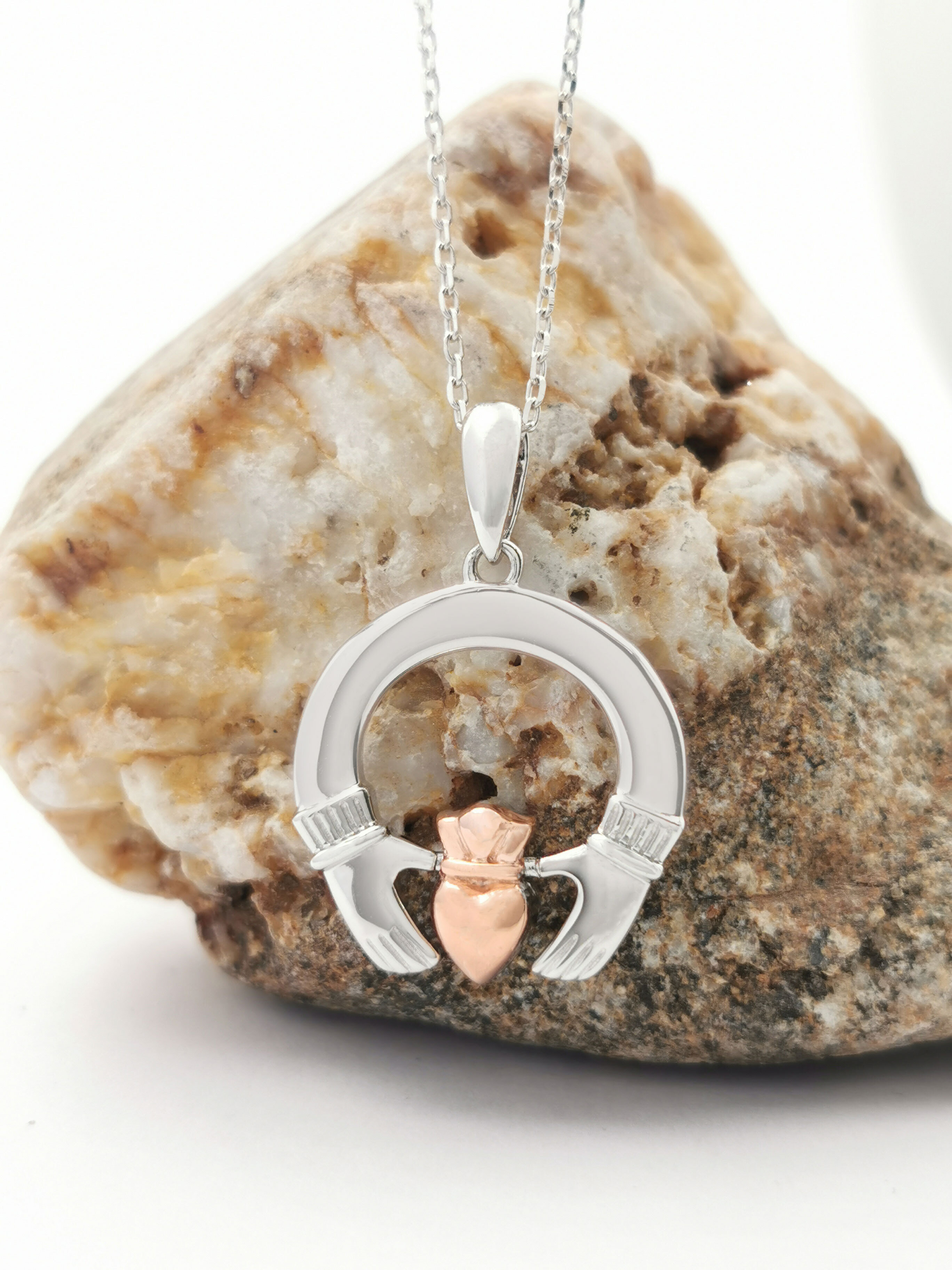 Womens Sterling Silver & Rose Gold Claddagh Necklace