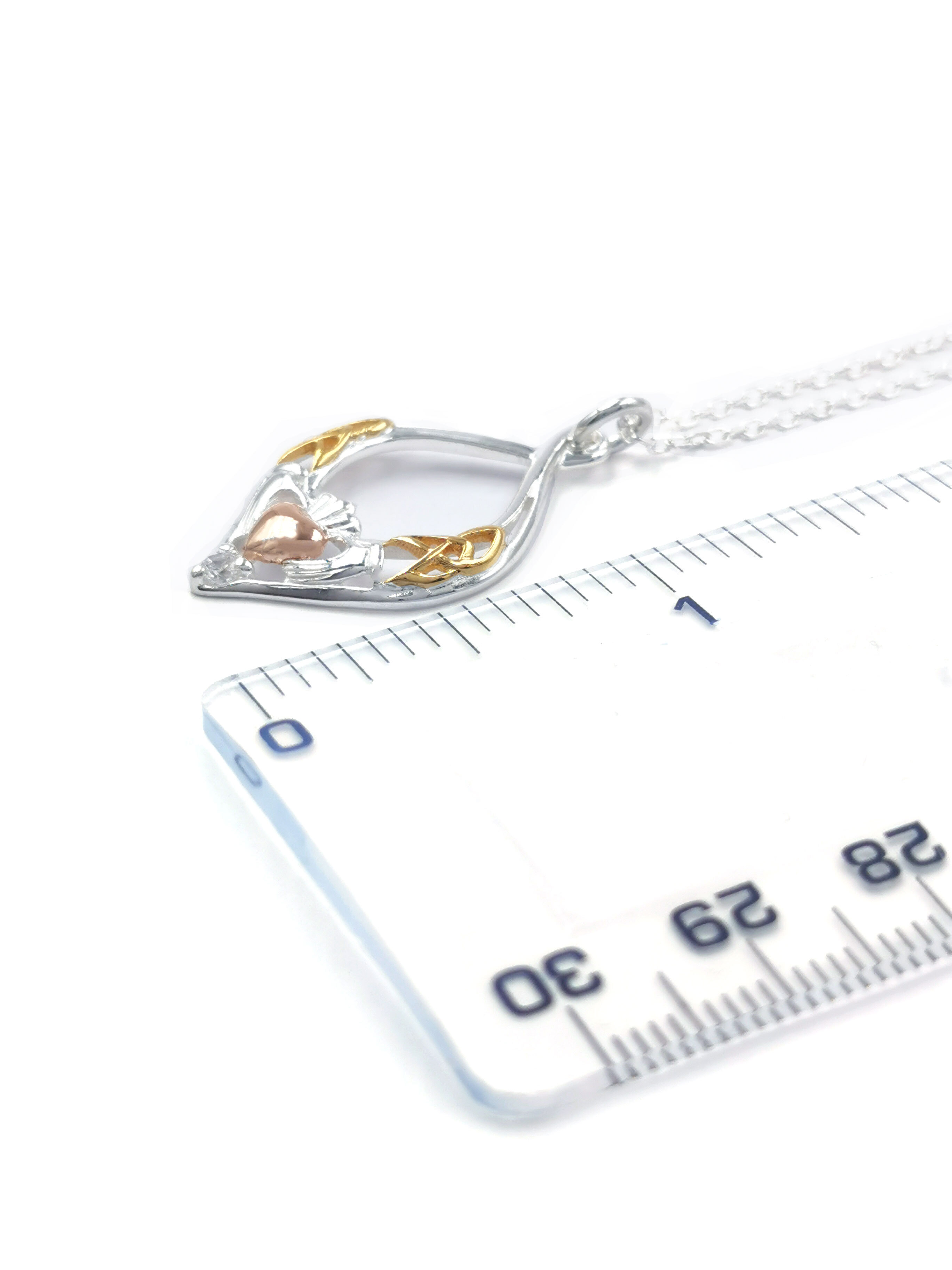 Gorgeous Sterling Silver Claddagh & Trinity Knot Necklace For Women. Picture For Scale.