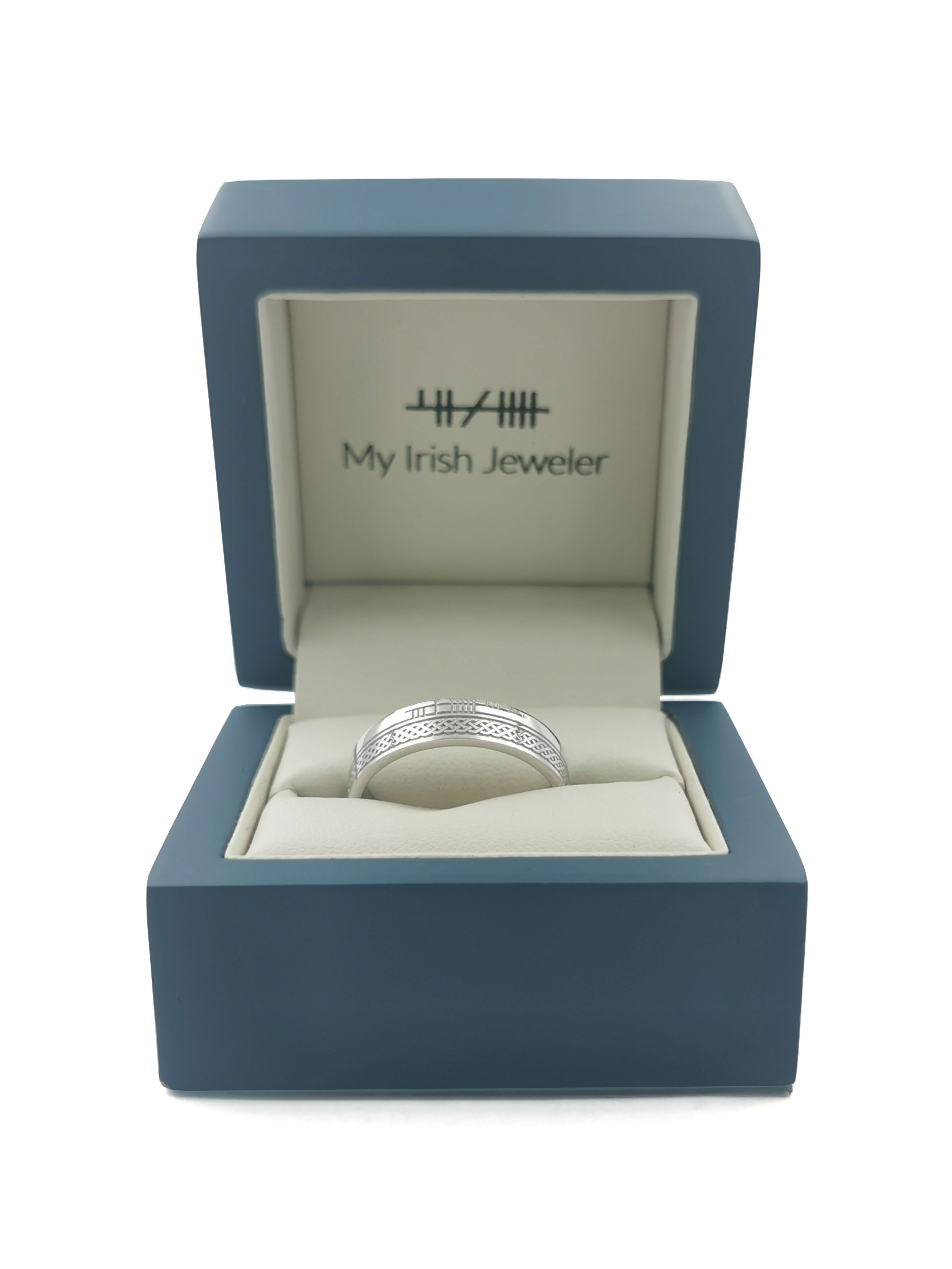 Genuine Platinum 950 Ogham Wedding Ring With a Florentine Finish. In Luxury Packaging.