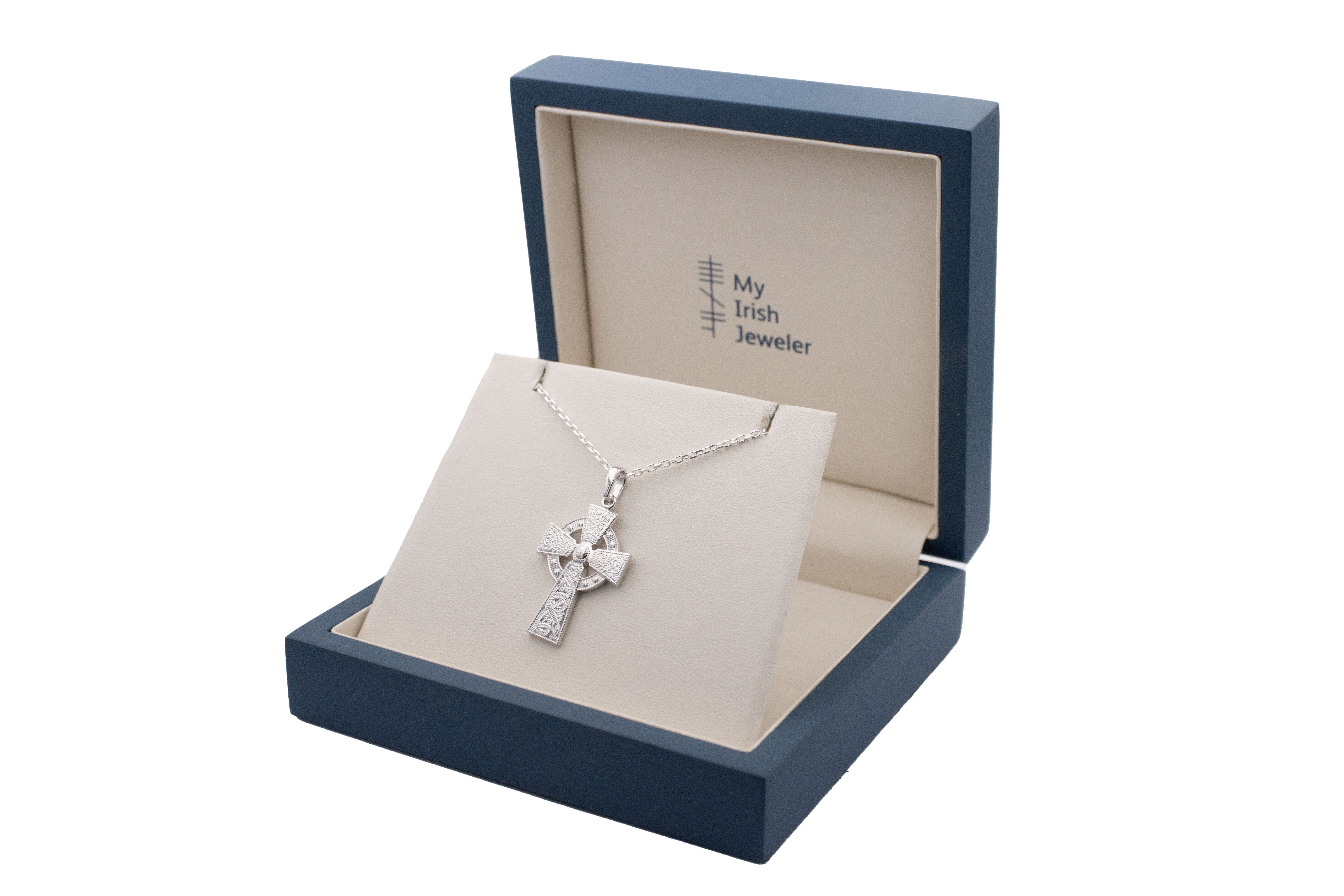 Striking White Gold Celtic Cross & Celtic Warrior & Celtic Knot Necklace. In Luxury Packaging.