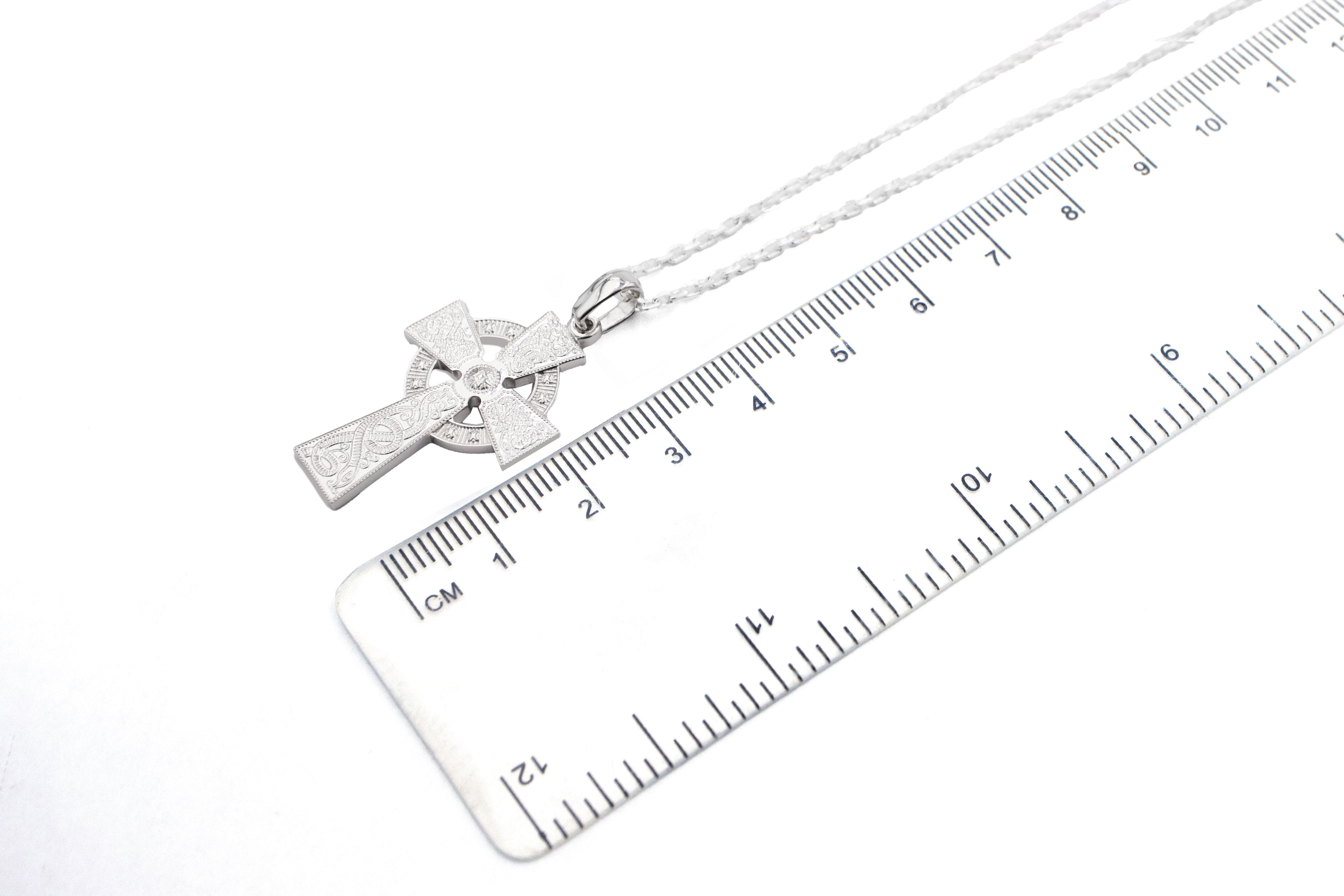 Irish 14K White Gold Celtic Cross & Celtic Warrior & Celtic Knot Necklace. Picture For Scale.