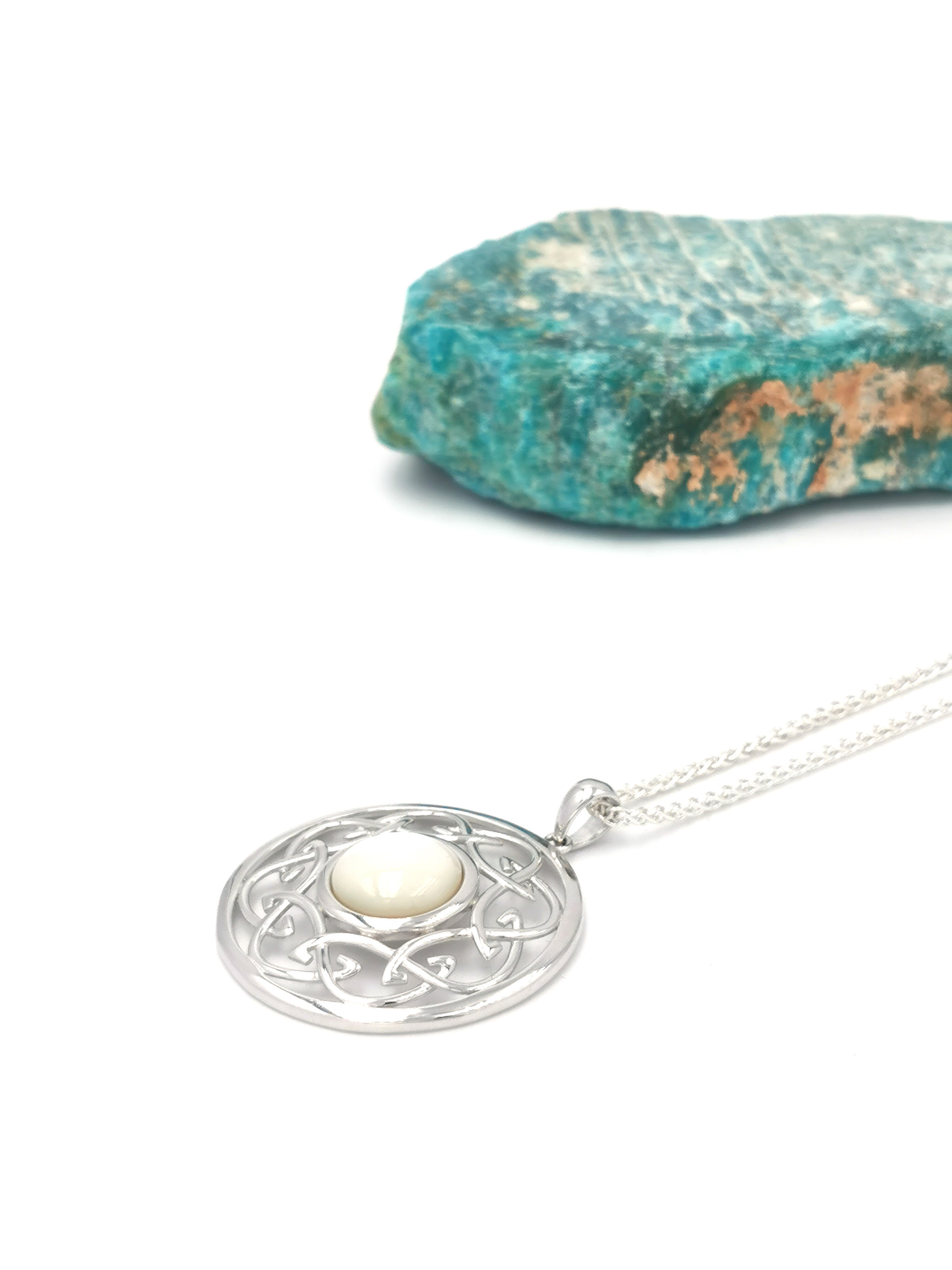 Womens Striking Sterling Silver Celtic Knot Necklace. Pictured Flat.
