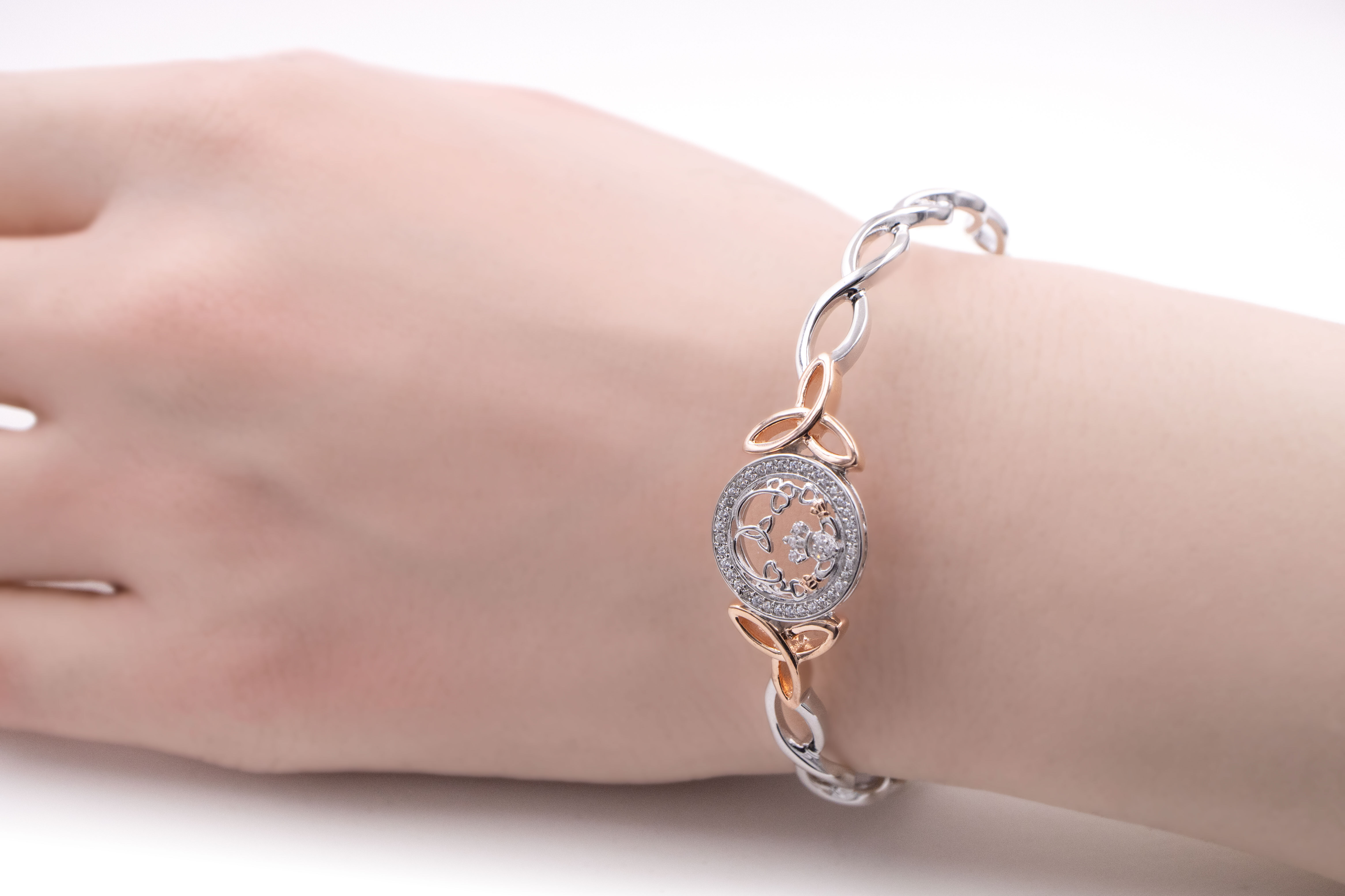 Gorgeous Sterling Silver Claddagh & Celtic Knot & Trinity Knot Bangle For Women - Model Photo
