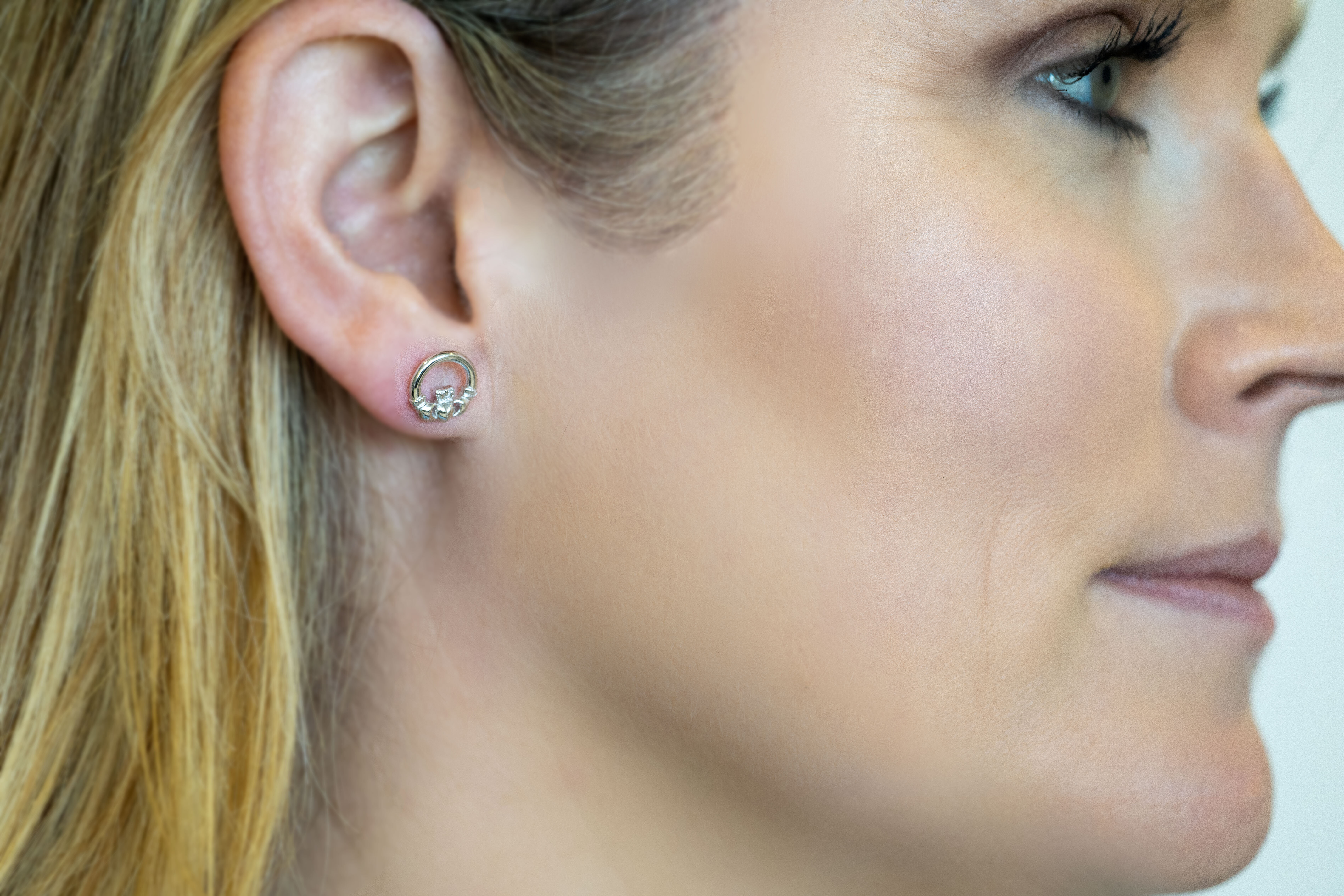 Womens Claddagh Earrings in Real Sterling Silver - Model Photo