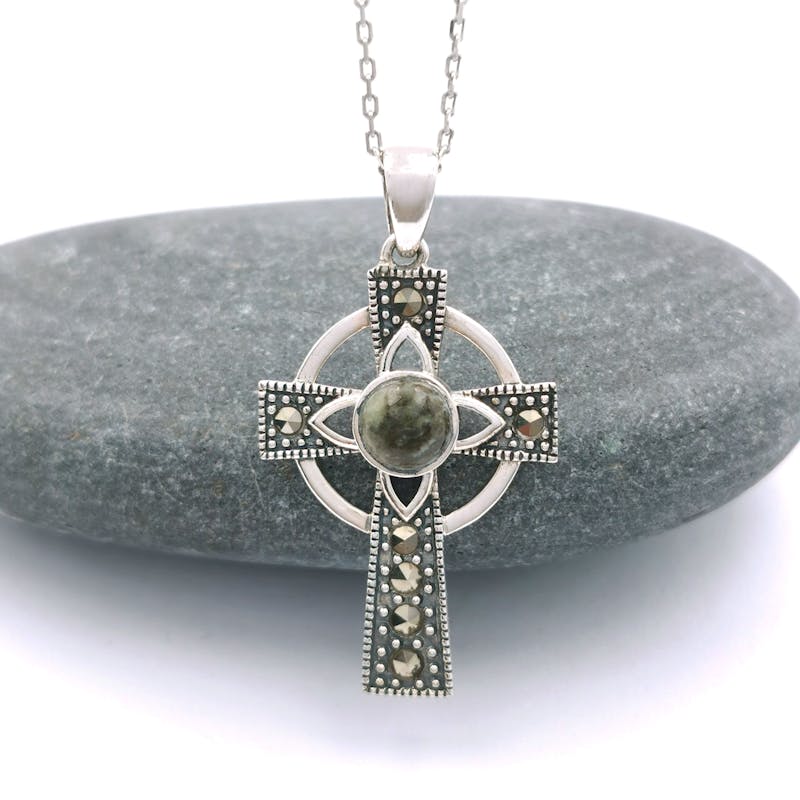 Silver Celtic Cross Pendant set with Connemara Marble & Marcasite Stones
