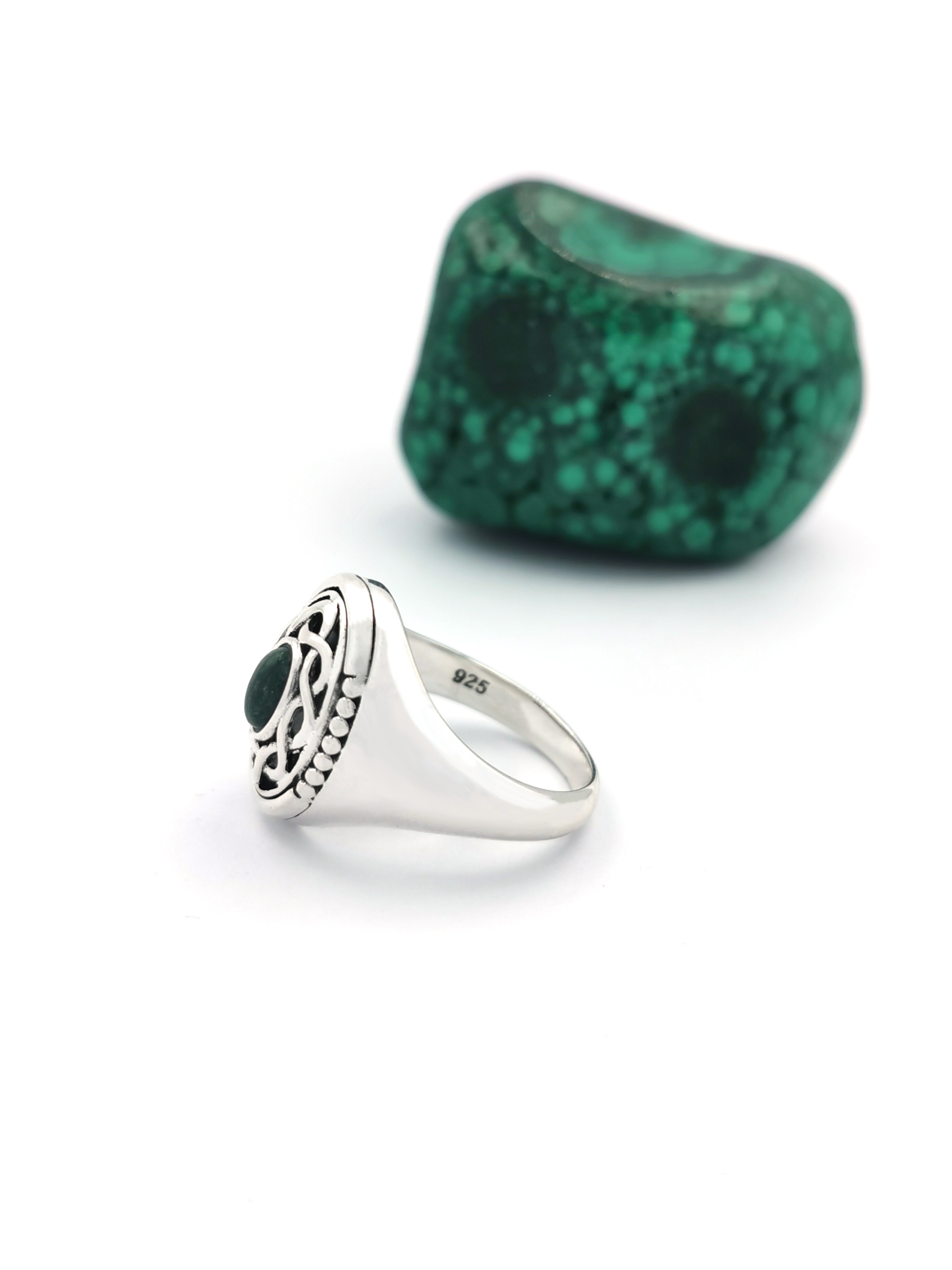 Gorgeous Sterling Silver Celtic Knot & Connemara Marble Ring For Women. Side View.