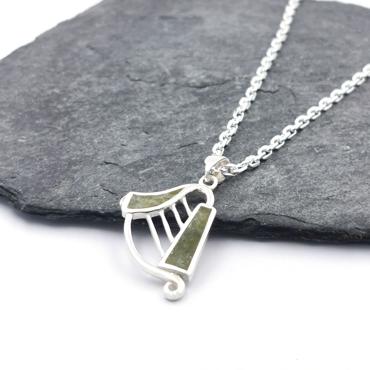 Silver Connemara Marble Harp Necklace