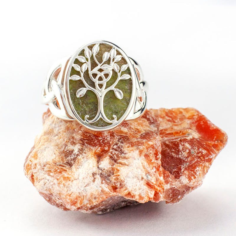 Genuine Sterling Silver Connemara Marble & Tree of Life Ring For Women