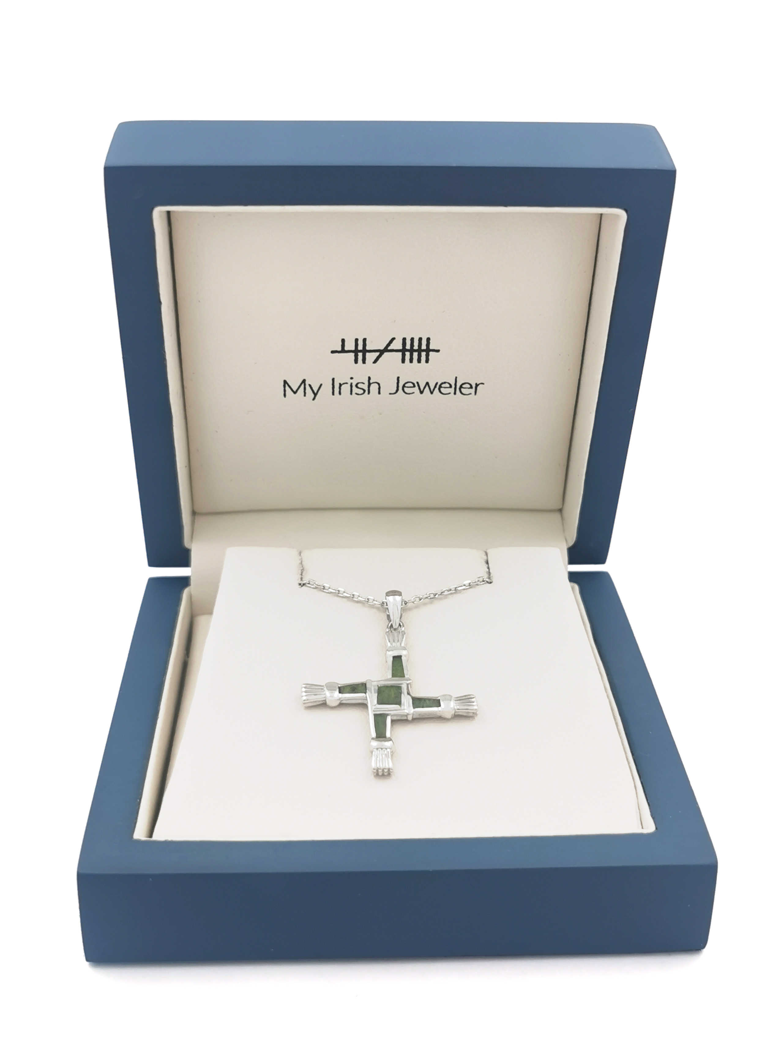 Irish Sterling Silver St Brigids Cross & Connemara Marble Gift Set With a Polished Finish For Women. In Luxury Packaging.