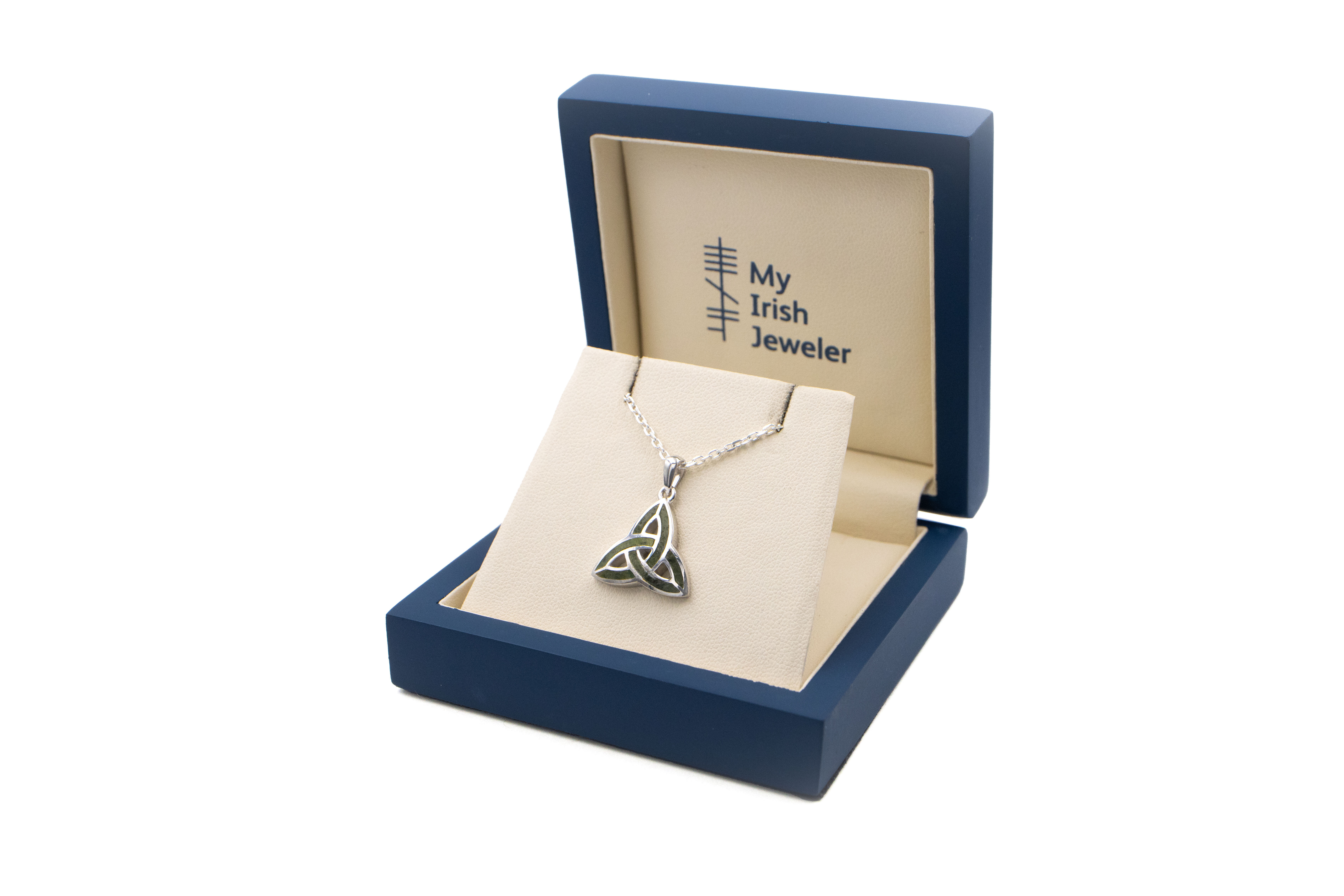 Womens Attractive Sterling Silver Trinity Knot & Connemara Marble Necklace. In Luxury Packaging.