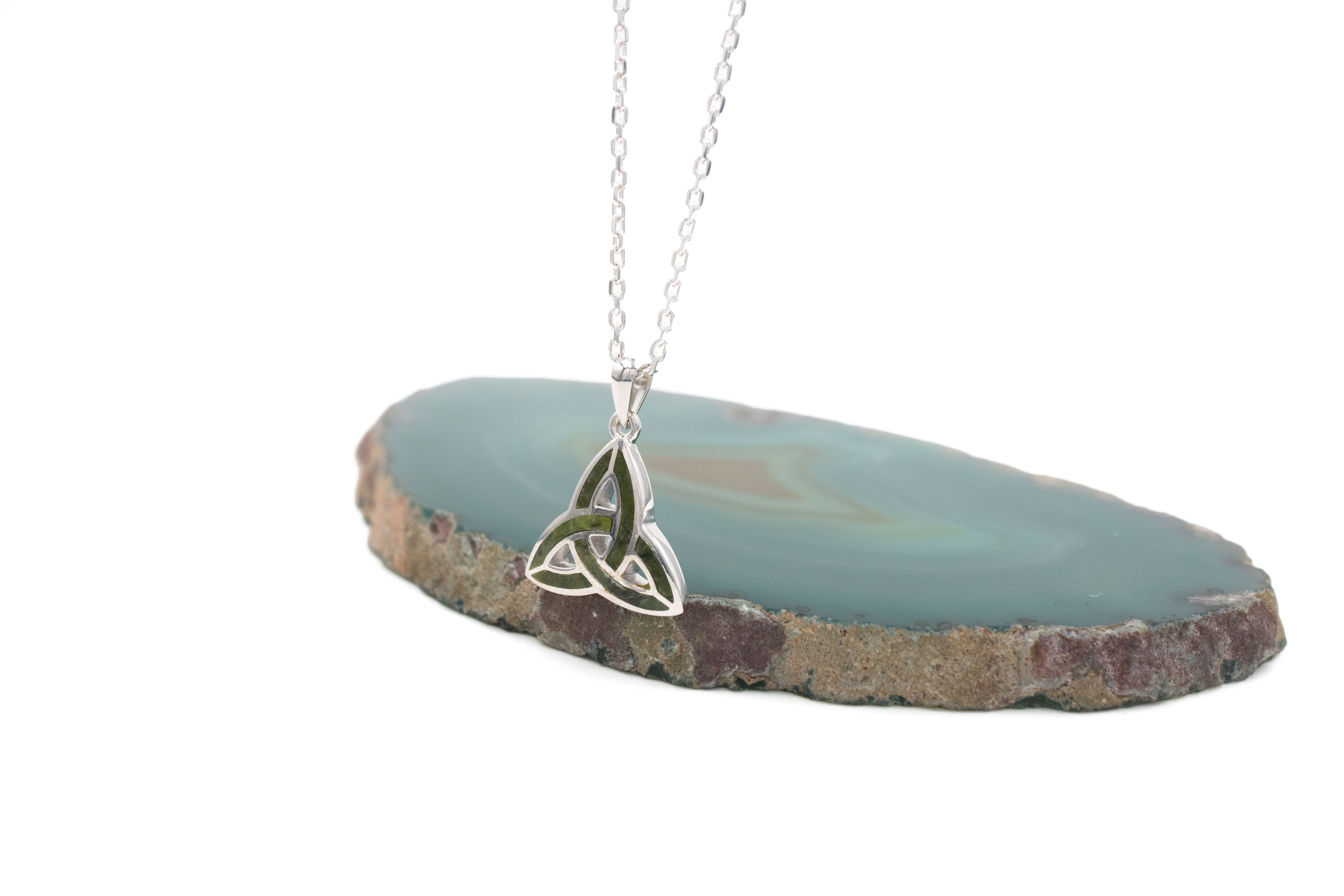 Real Sterling Silver Trinity Knot & Connemara Marble Necklace For Women. Side View.