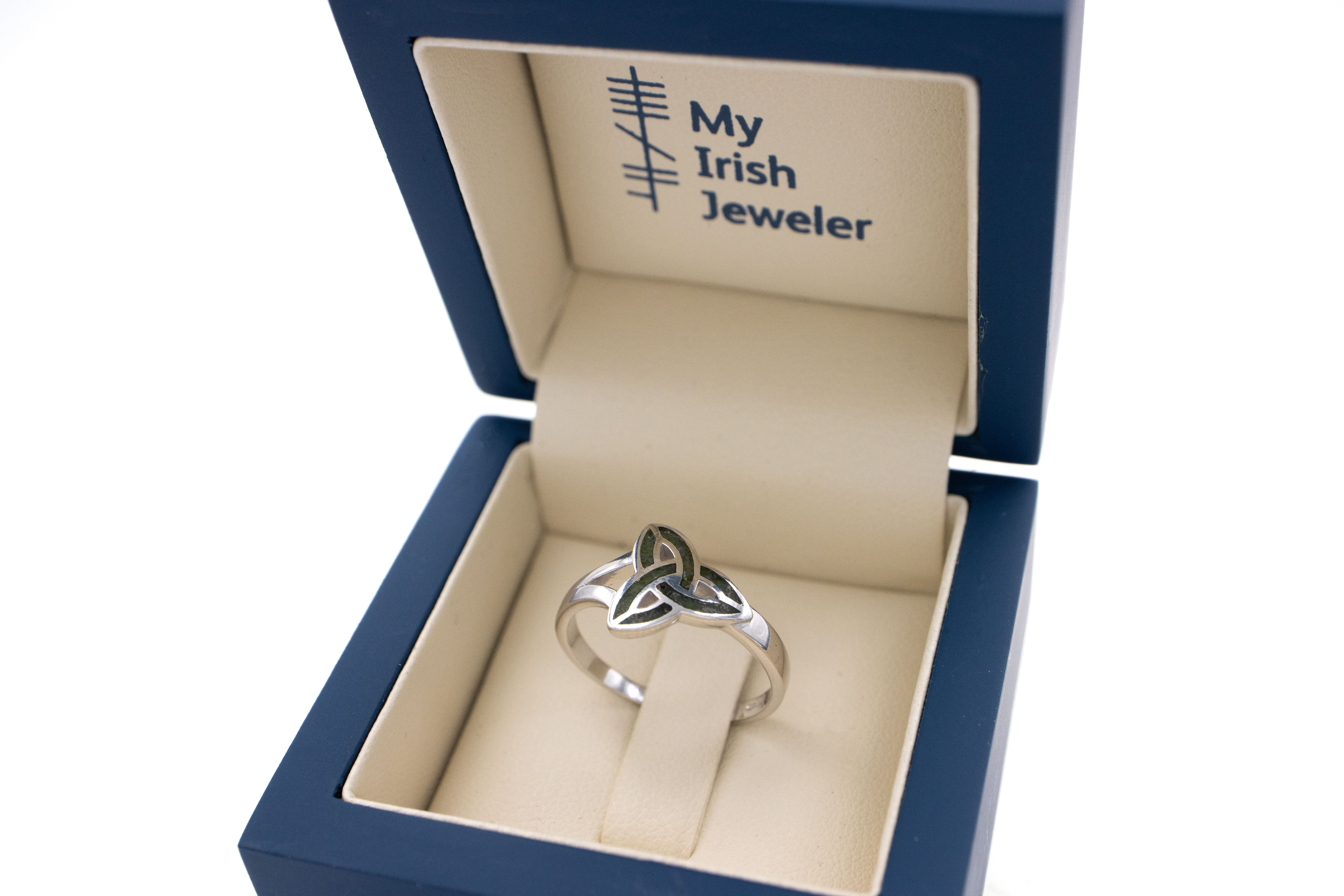 Gorgeous Sterling Silver Trinity Knot & Connemara Marble Ring For Women. In Luxury Packaging.