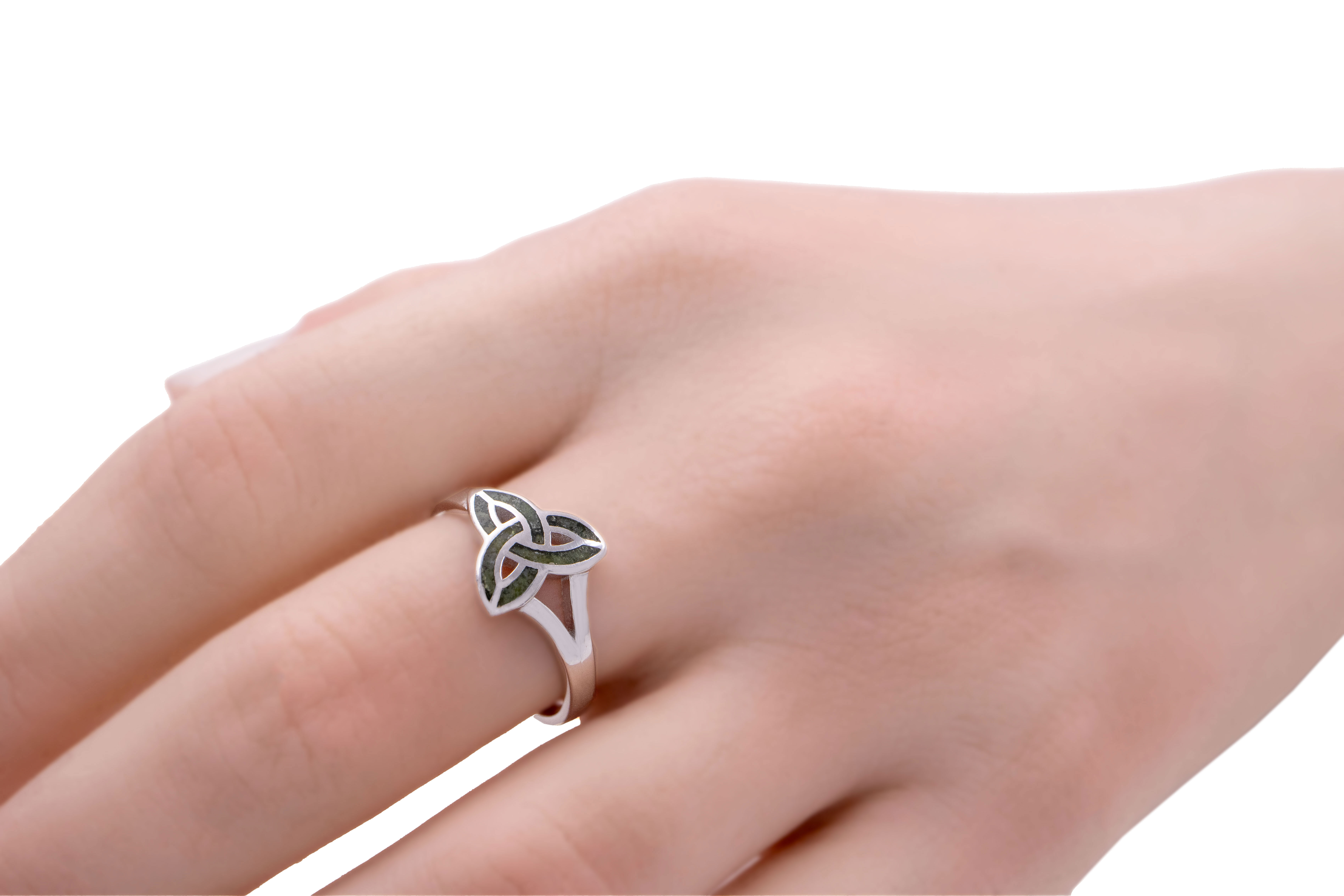 Irish Sterling Silver Trinity Knot & Connemara Marble Ring For Women - Model Photo