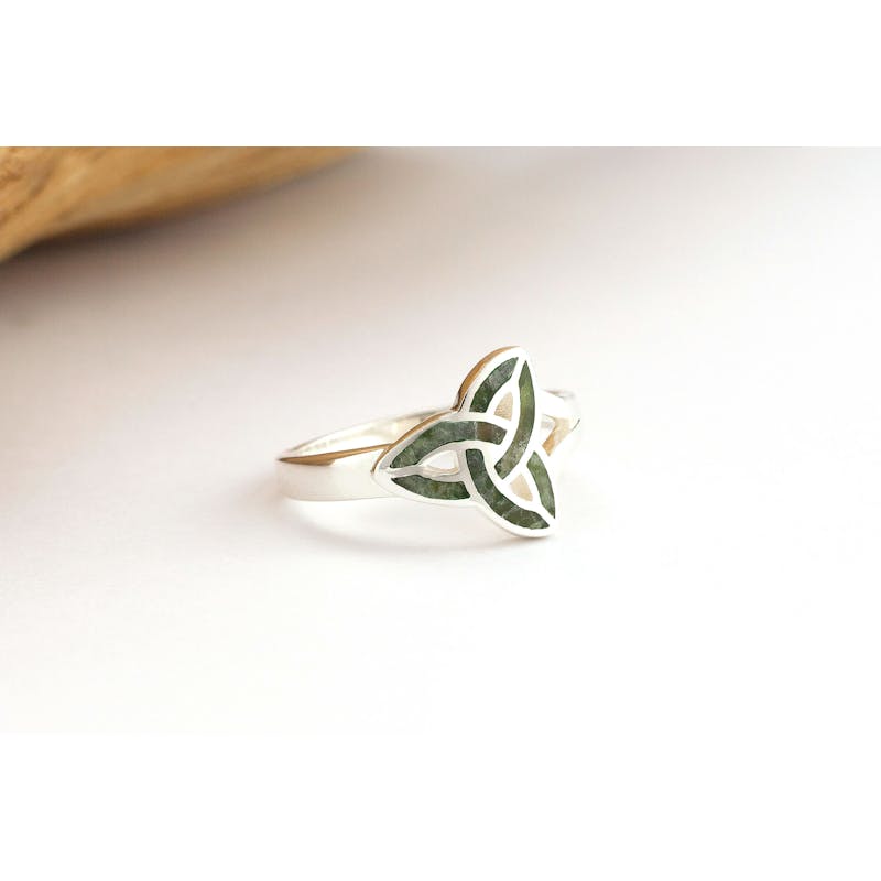 Womens Sterling Silver Trinity Knot & Connemara Marble Ring
