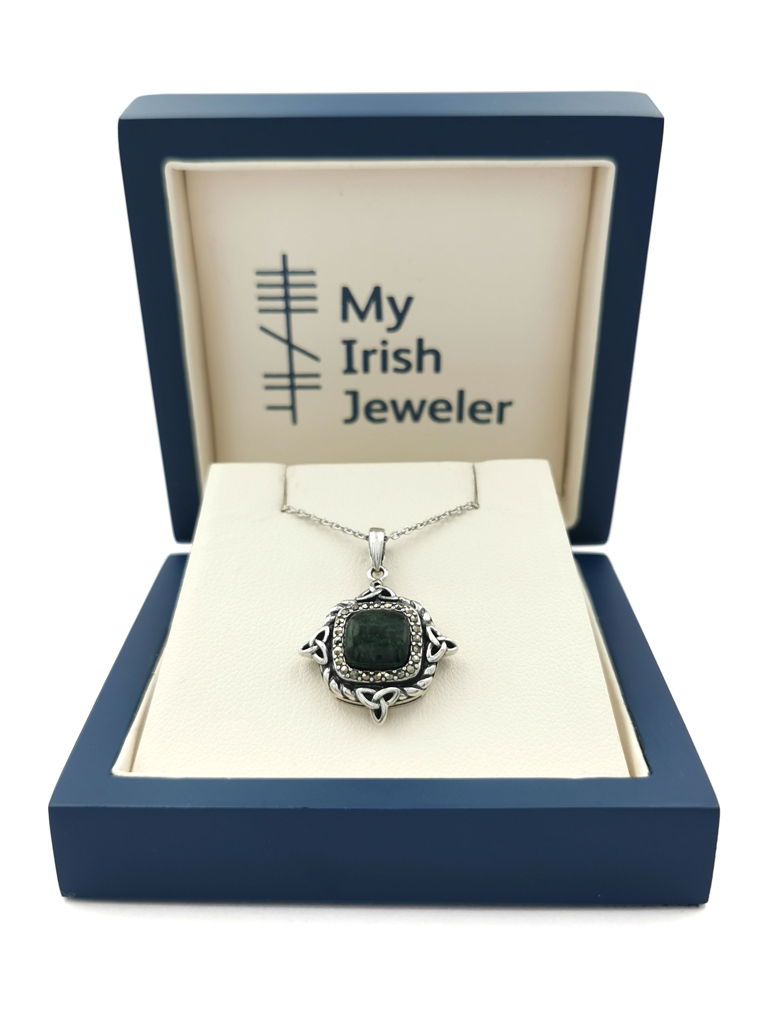 Irish Sterling Silver Trinity Knot & Connemara Marble Necklace For Women. In Luxury Packaging.