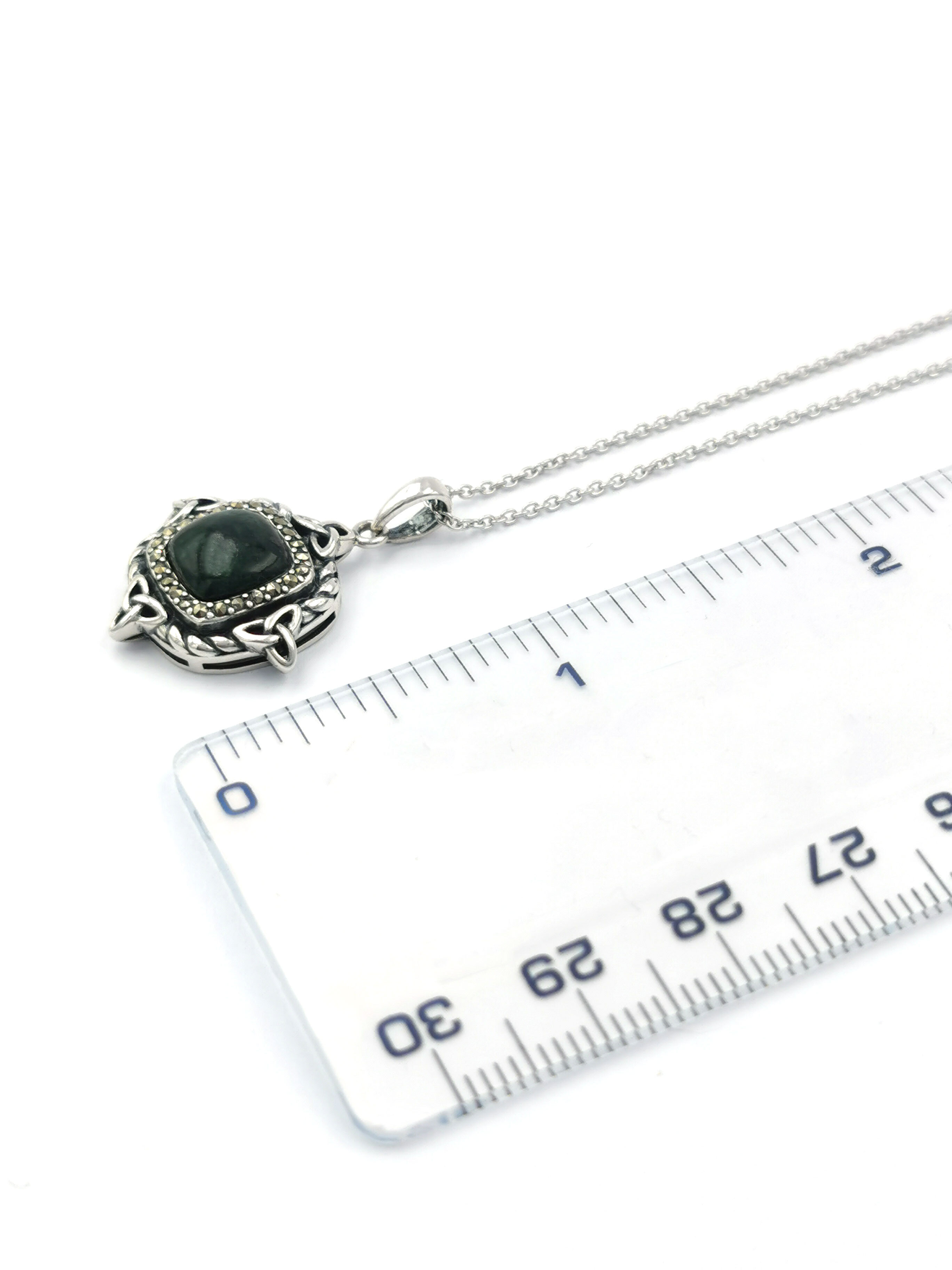 Attractive Sterling Silver Trinity Knot & Connemara Marble Necklace For Women. Picture For Scale.